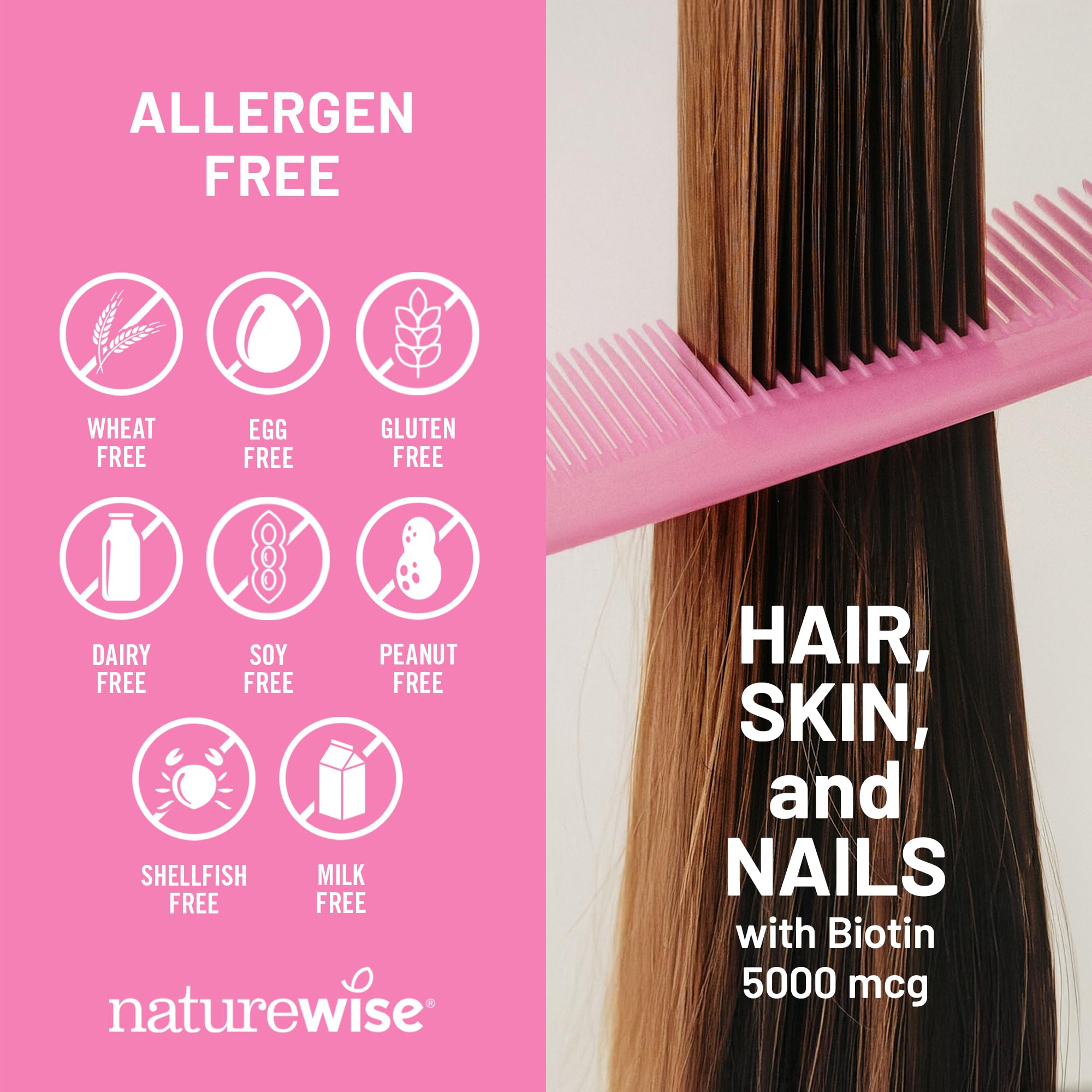 NatureWise Hair, Skin, and Nails Biotin 5000 mcg supplement softgel close-up