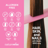 NatureWise Hair, Skin, and Nails Biotin 5000 mcg supplement softgel close-up