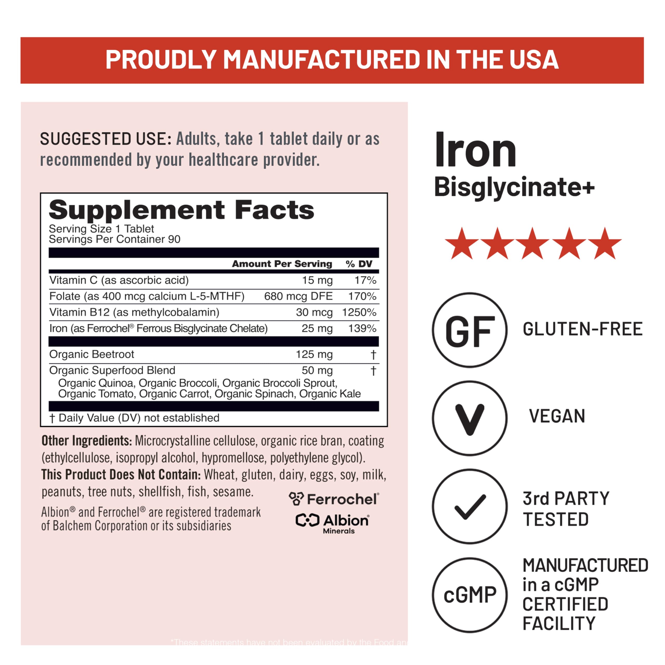 NatureWise Iron Bisglycinate Plus 65g with a measuring spoon