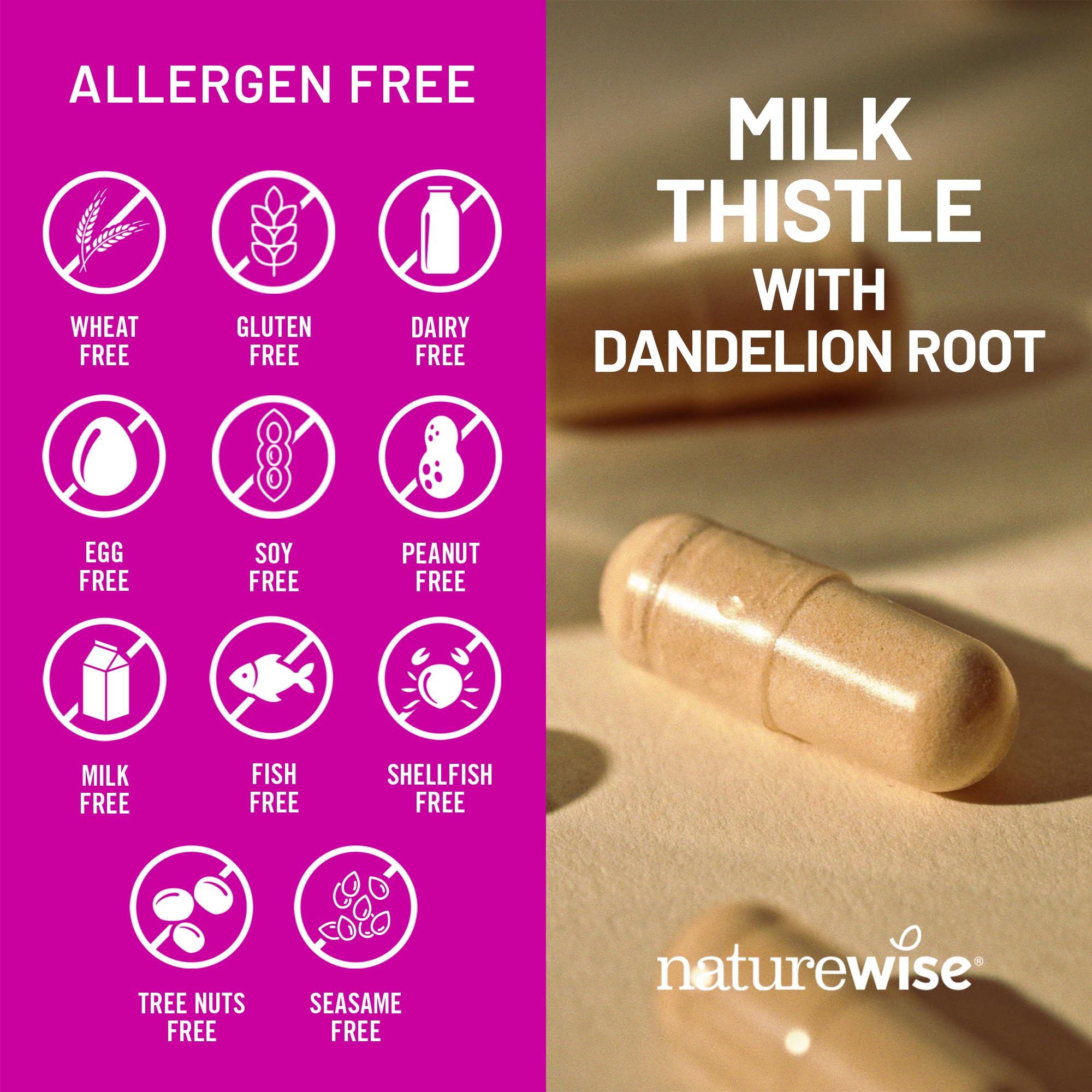 NatureWise Milk Thistle Capsules displayed on a wooden table