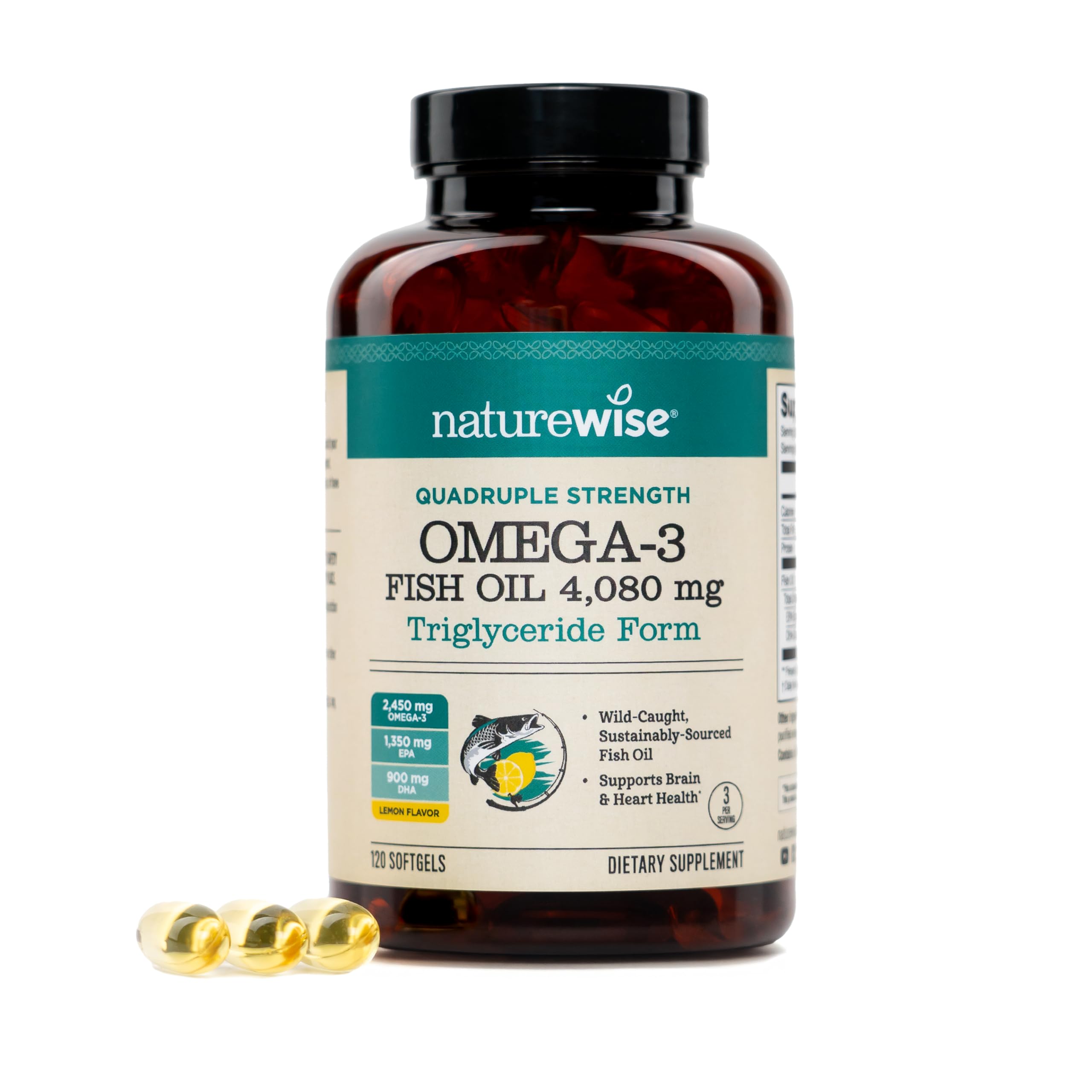 NatureWise Omega-3 Fish Oil Softgels front view with lemon flavour