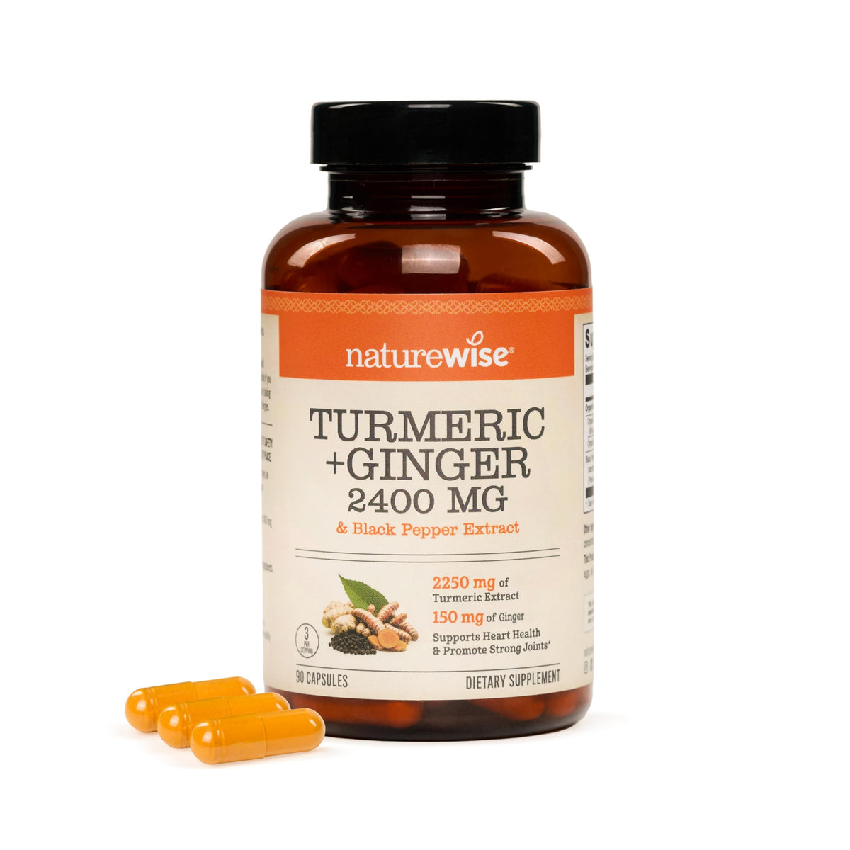 NatureWise Turmeric + Ginger 2400mg supplement front view with 90 capsules