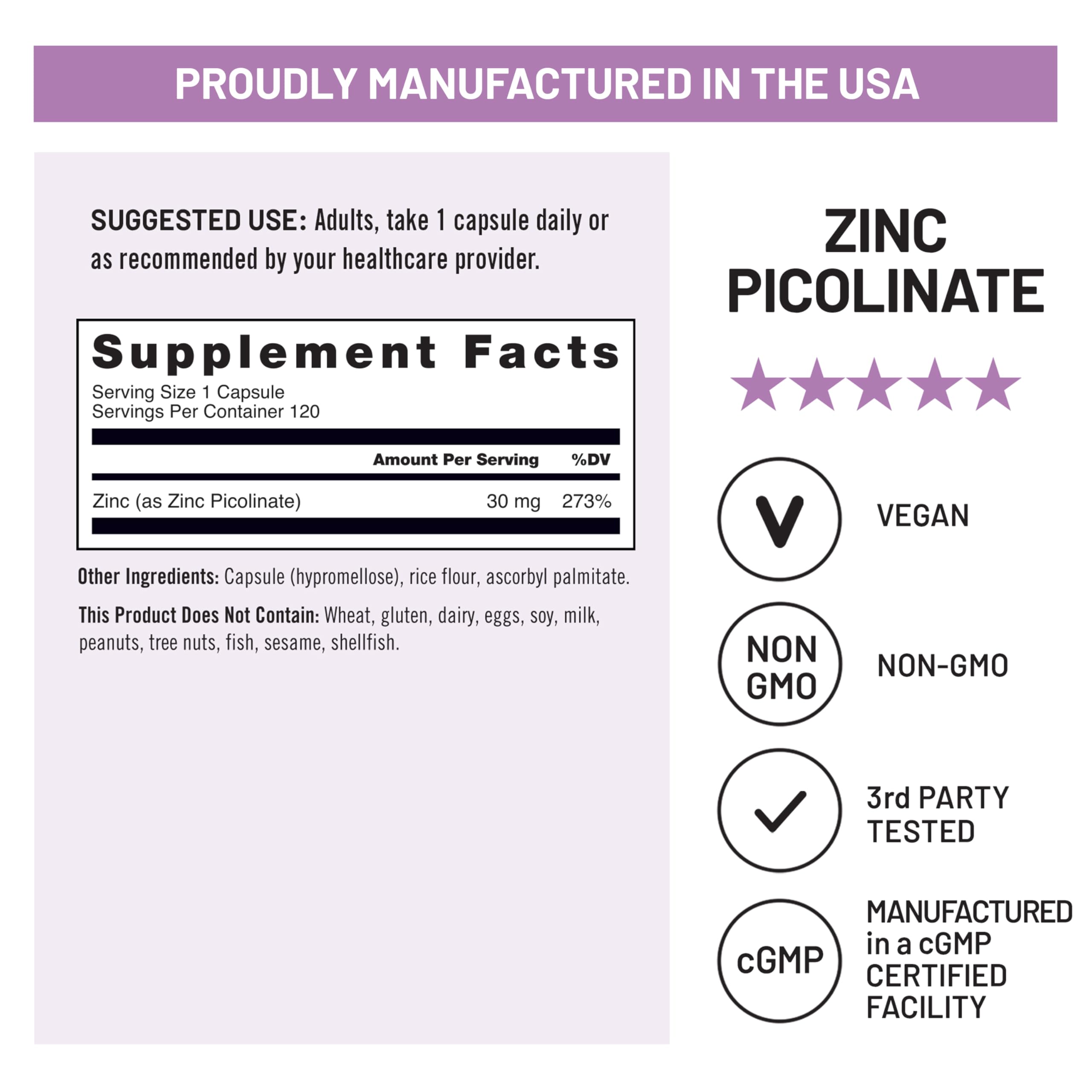NatureWise Zinc Picolinate 120 capsules back view