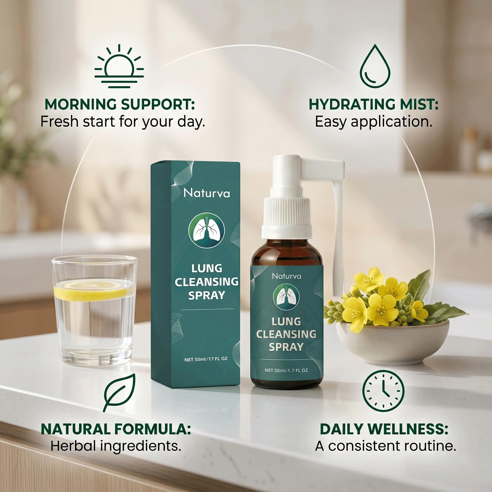 Naturva Lung Cleansing Spray 50ml mist being sprayed
