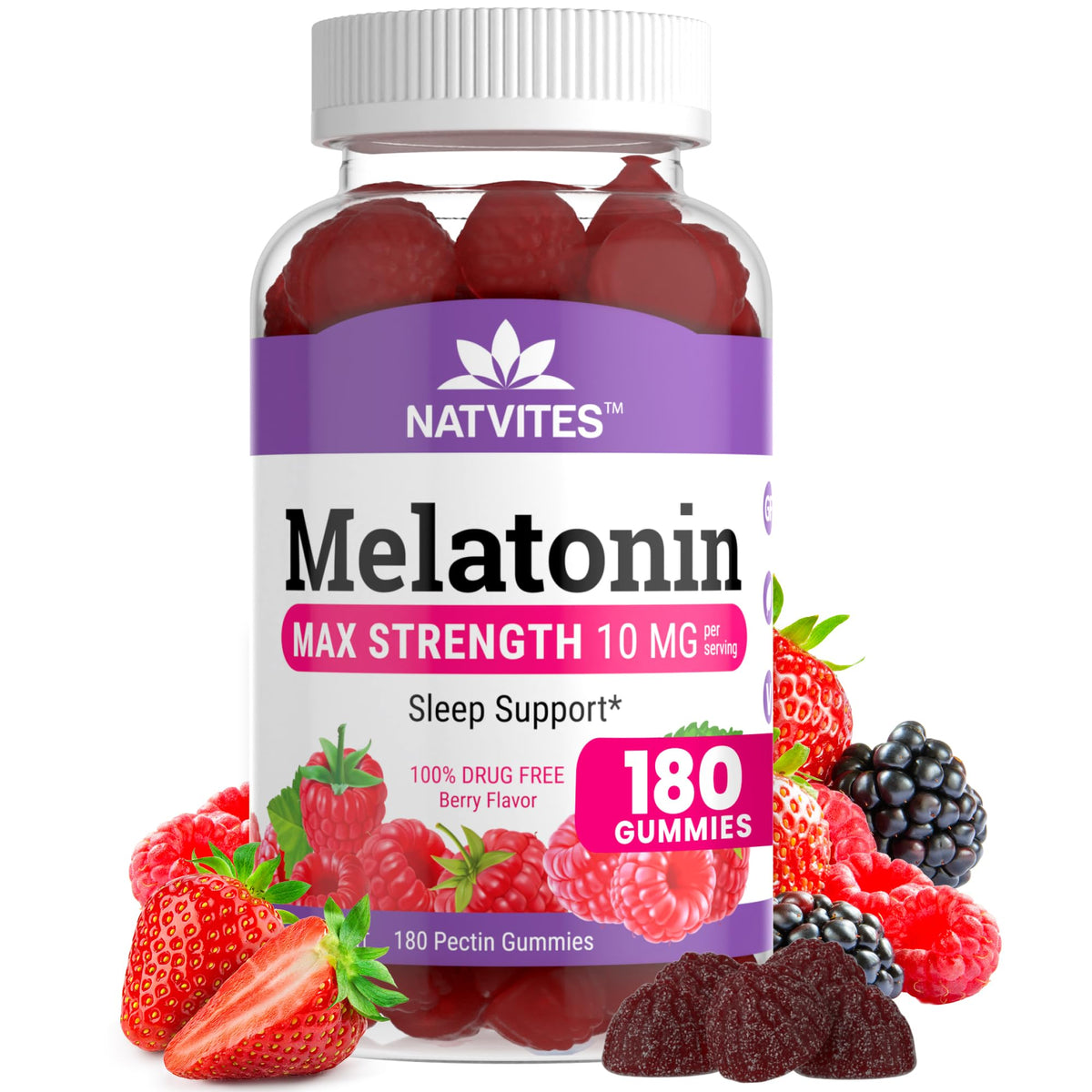 Natvites Melatonin Gummies 10mg Berry Flavour front view