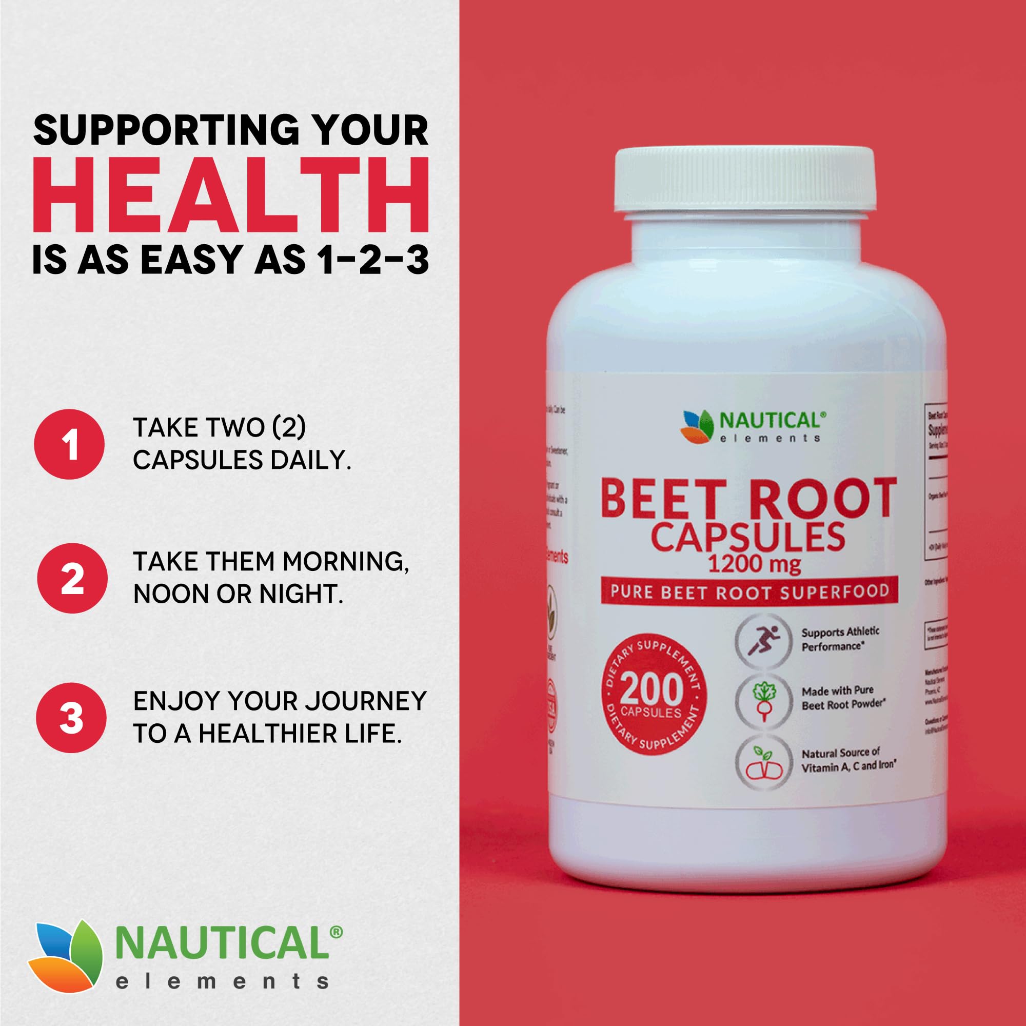 Nautical Elements Beet Root Powder Capsules 1200mg on a wooden table