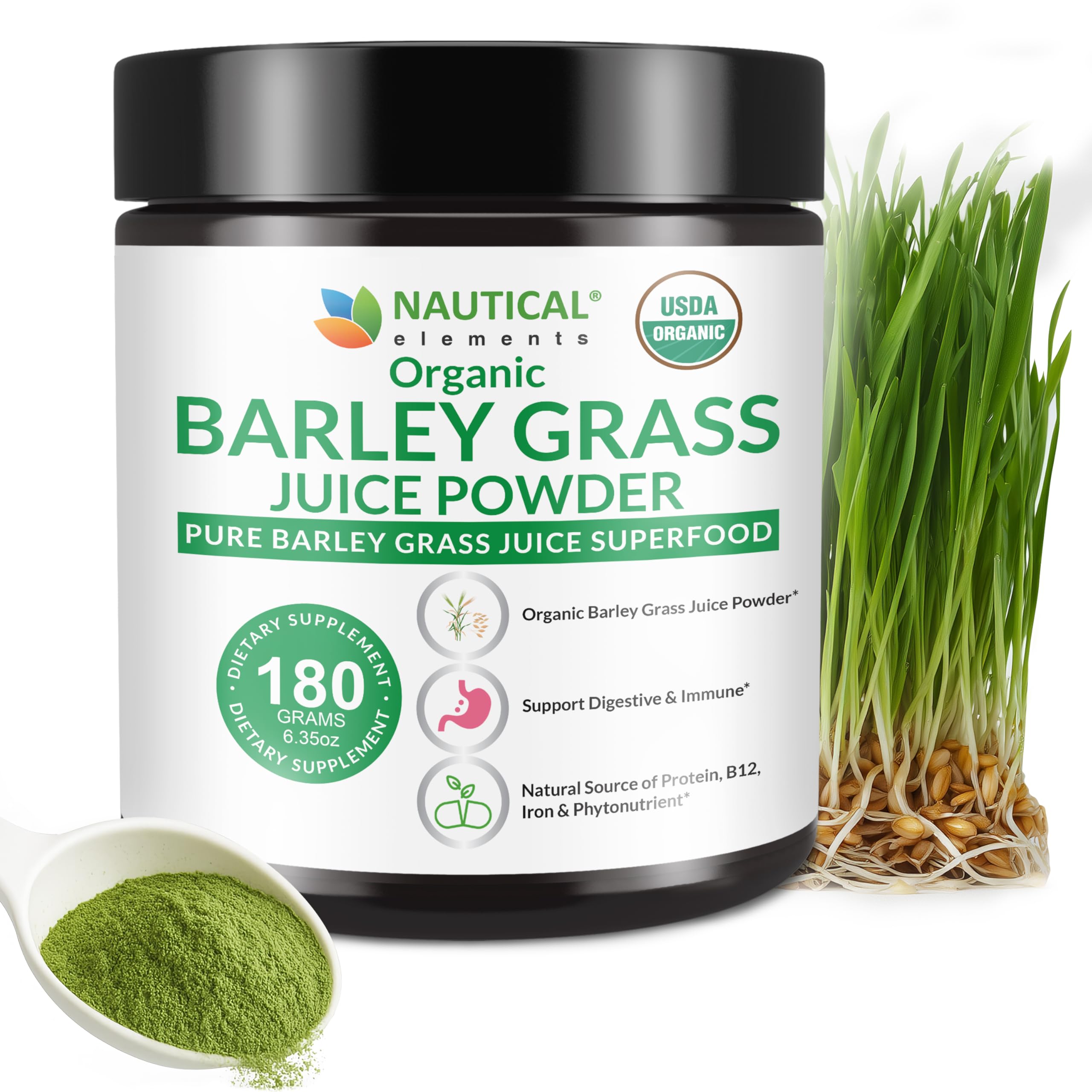 Nautical Elements Organic Barley Grass Juice Powder 180g jar front view