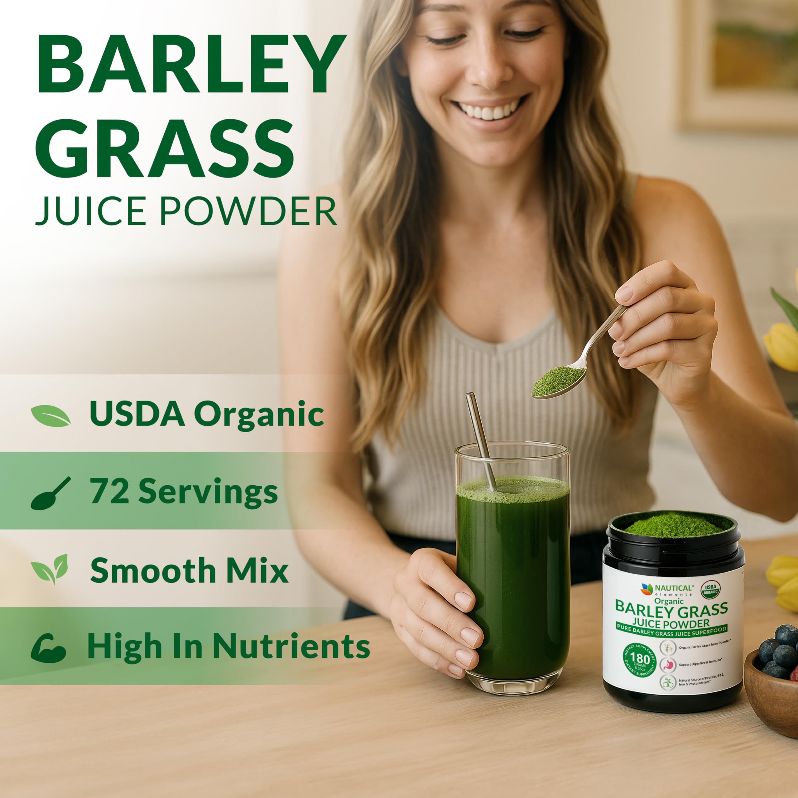 Nautical Elements Organic Barley Grass Juice Powder 180g jar side view