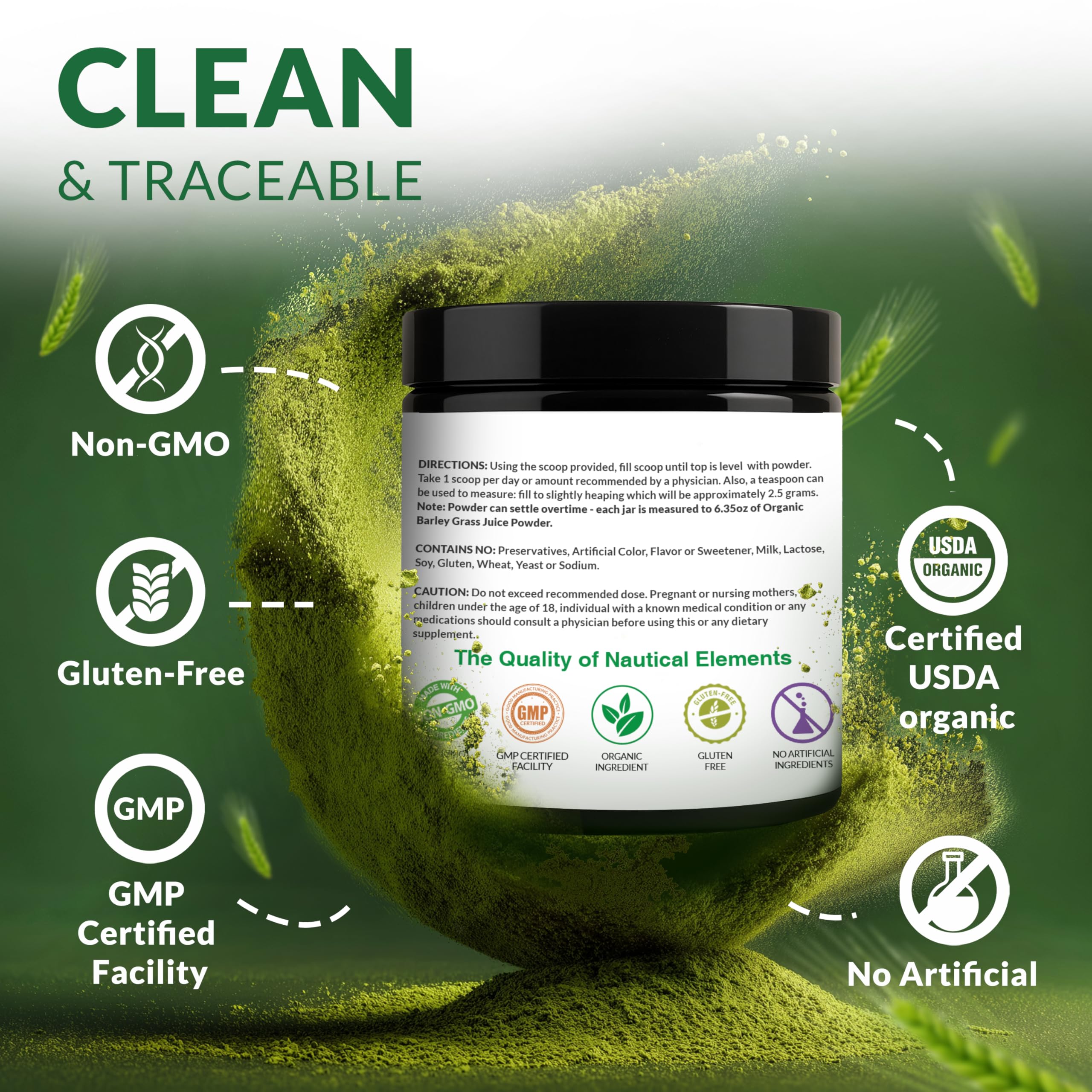 Nautical Elements Organic Barley Grass Juice Powder packaging with nutritional information