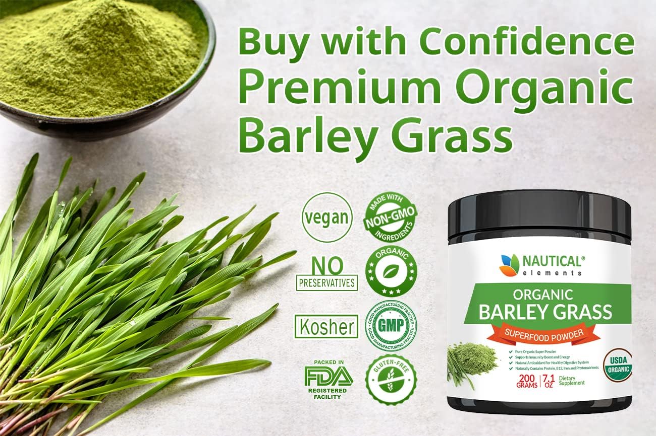 Nautical Elements Organic Barley Grass Powder being mixed into a smoothie