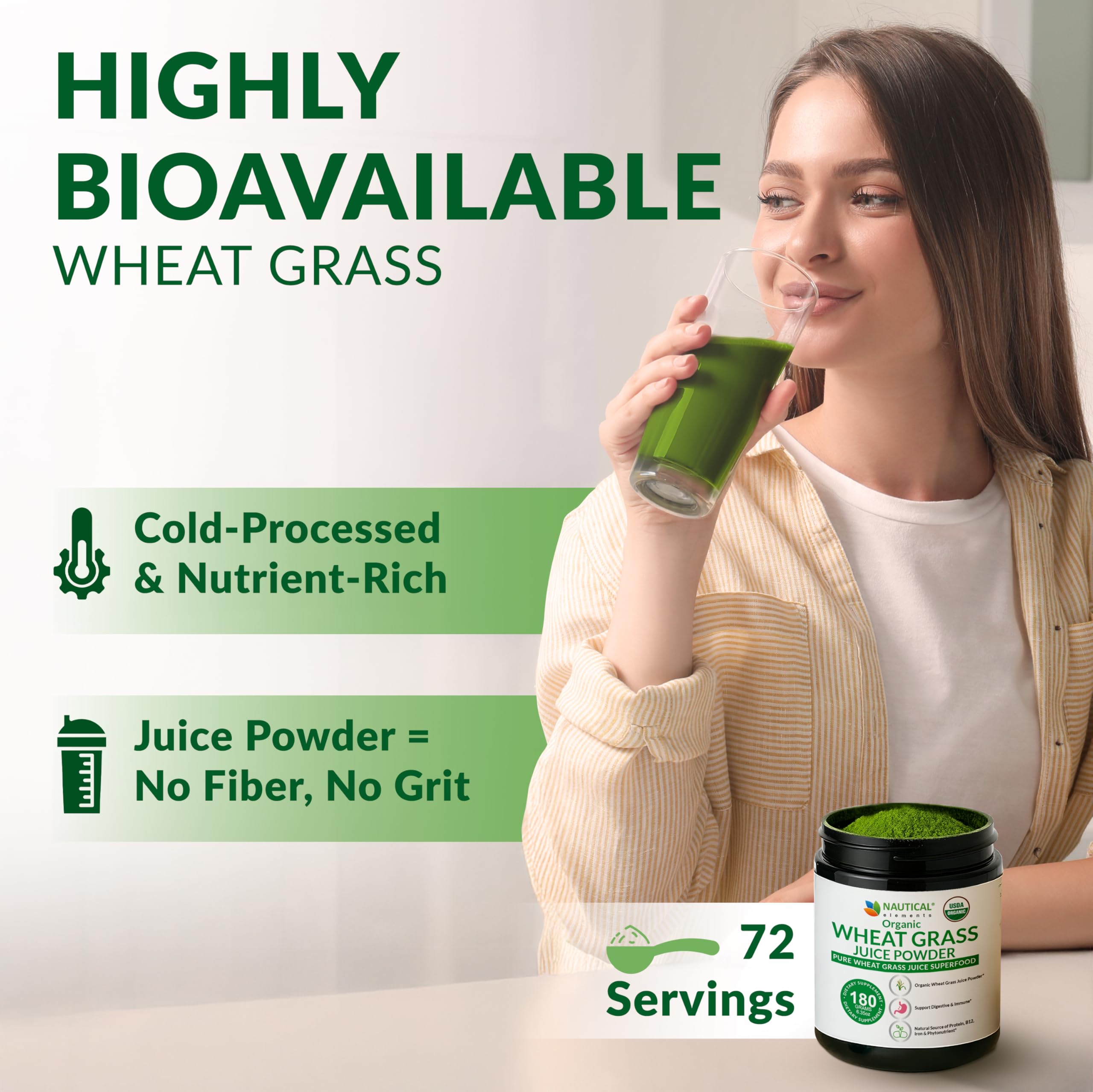 Nautical Elements Organic Wheat Grass Juice Powder back view with nutritional information