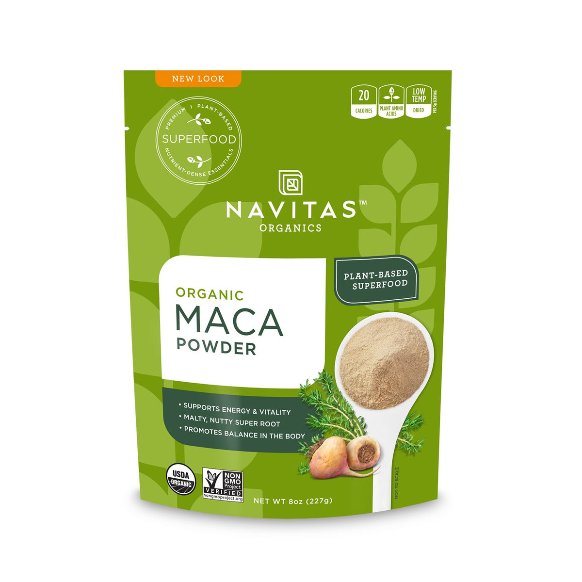 Navitas Organics Maca Powder 227g front view with packaging