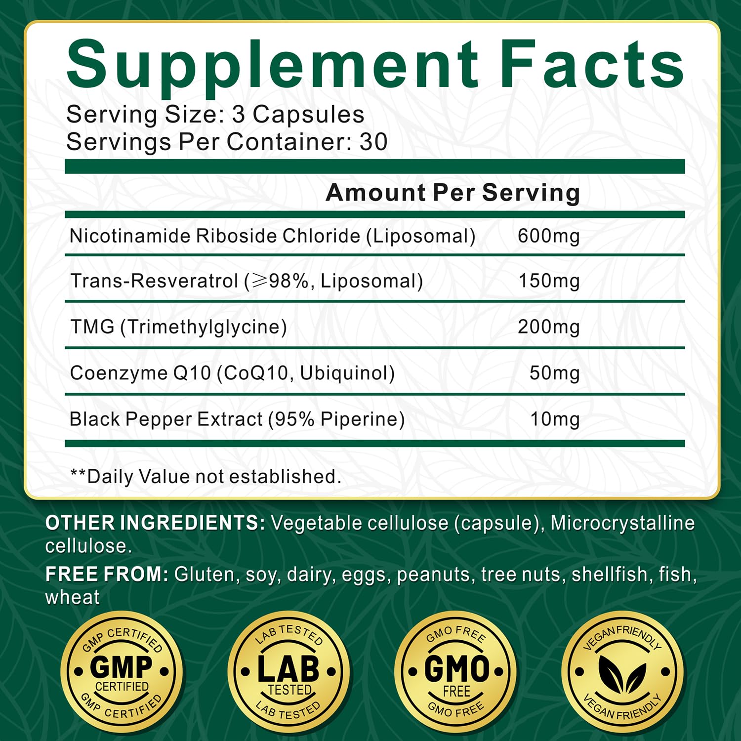 NBOOCUP Liposomal NAD Plus Supplement 600mg ingredients list