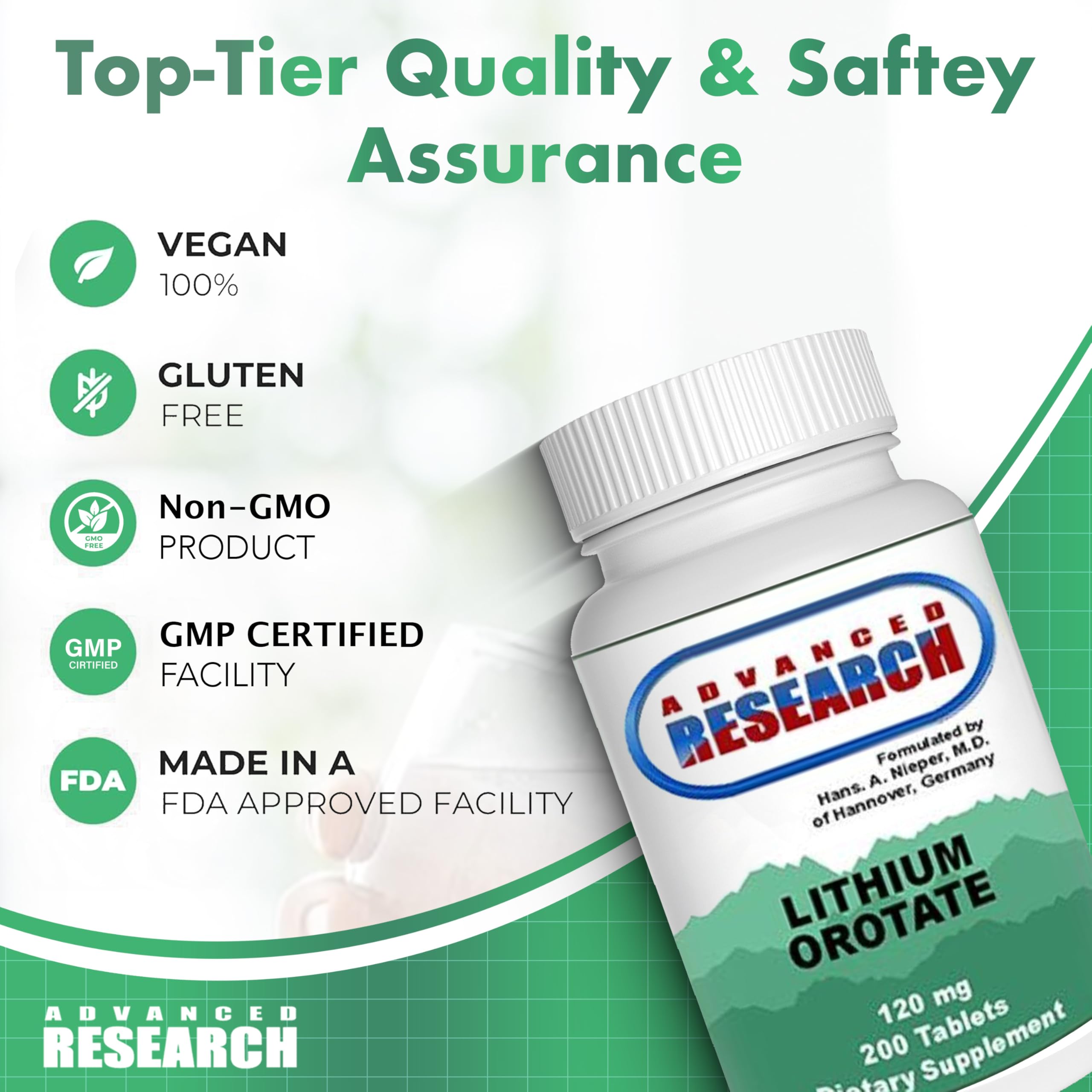 NCI Advanced Research Lithium Orotate bottle with measuring tablet