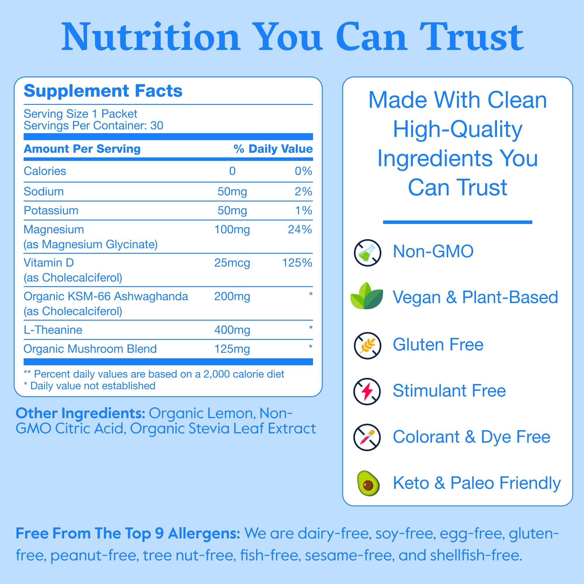 Nectar Calm Magnesium Drink Mix nutritional information on the back of the packaging