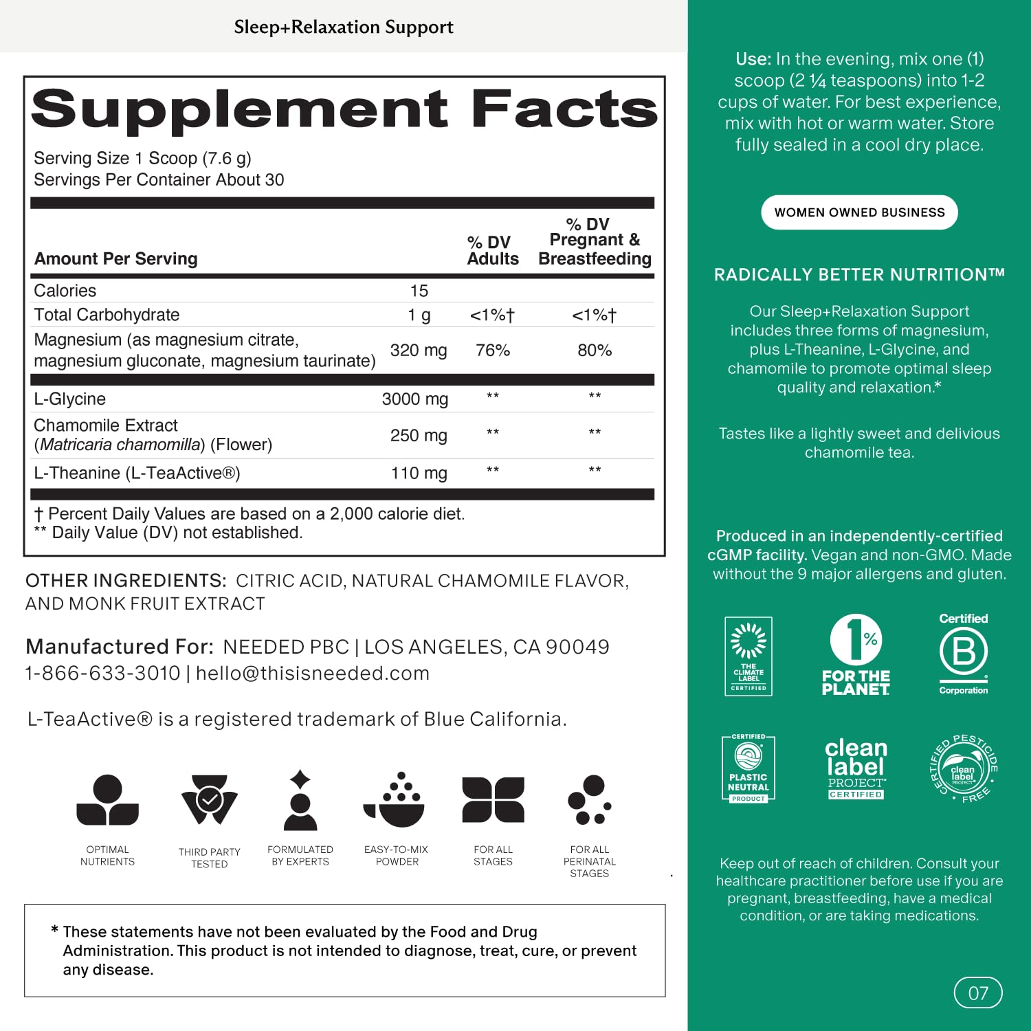 Needed Calm Magnesium Powder side view with ingredients list