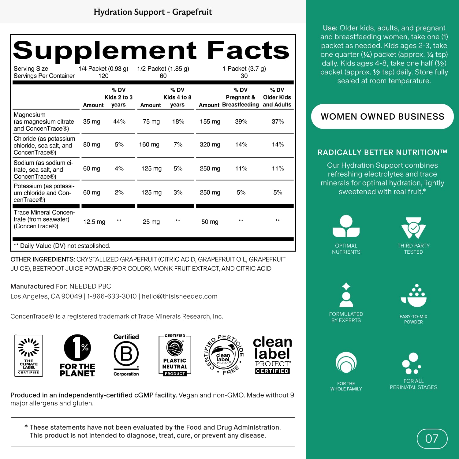 Needed. Hydration Support Electrolyte Packets individual stick showing ingredients