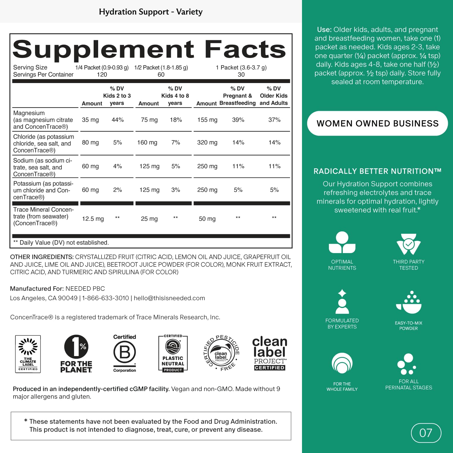 Needed. Hydration Support Electrolyte Packets packaging