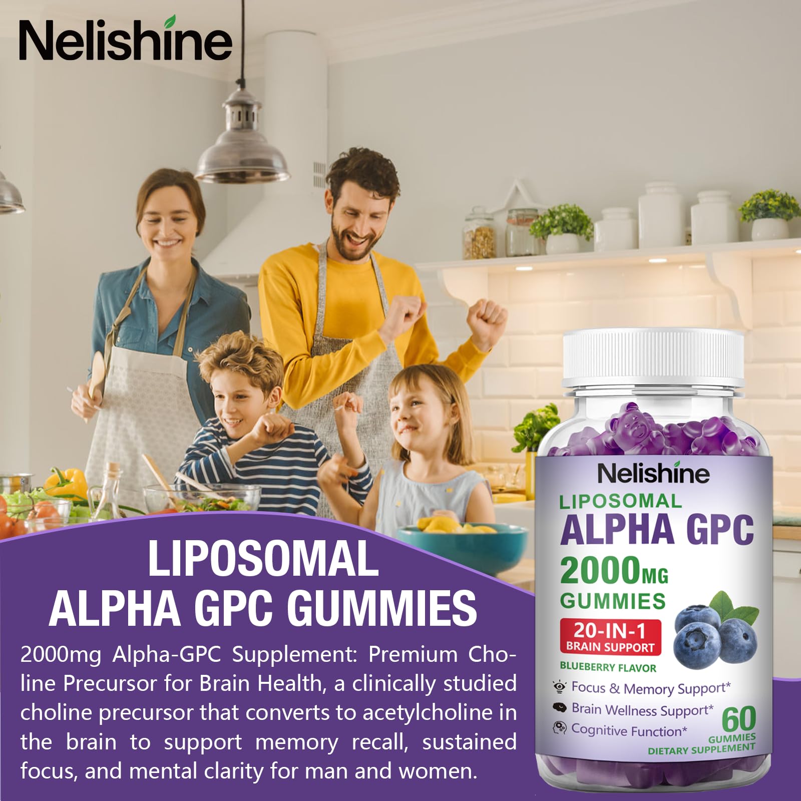 Nelishine Liposomal Alpha GPC Gummies displayed on a wooden table