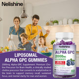 Nelishine Liposomal Alpha GPC Gummies displayed on a wooden table