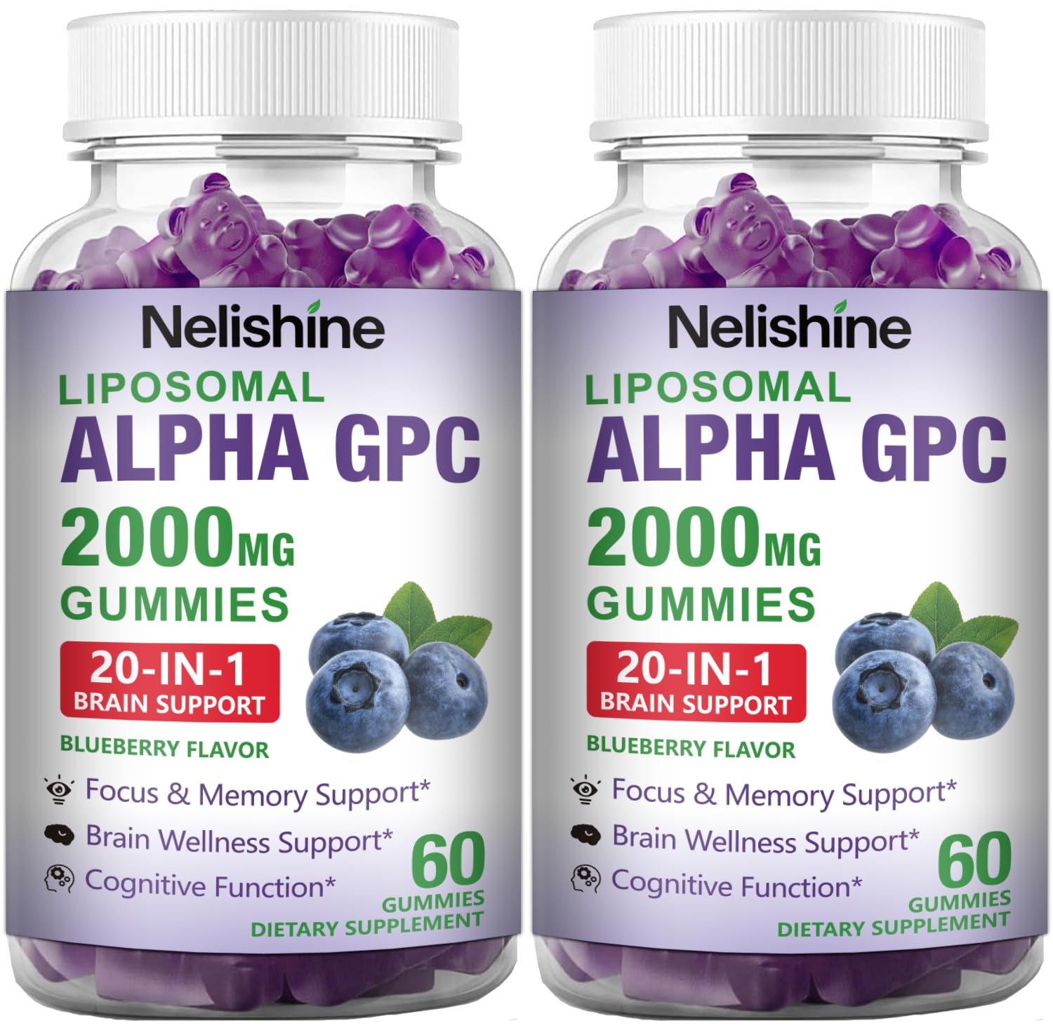 Nelishine Liposomal Alpha GPC Gummies front view with blueberry flavour