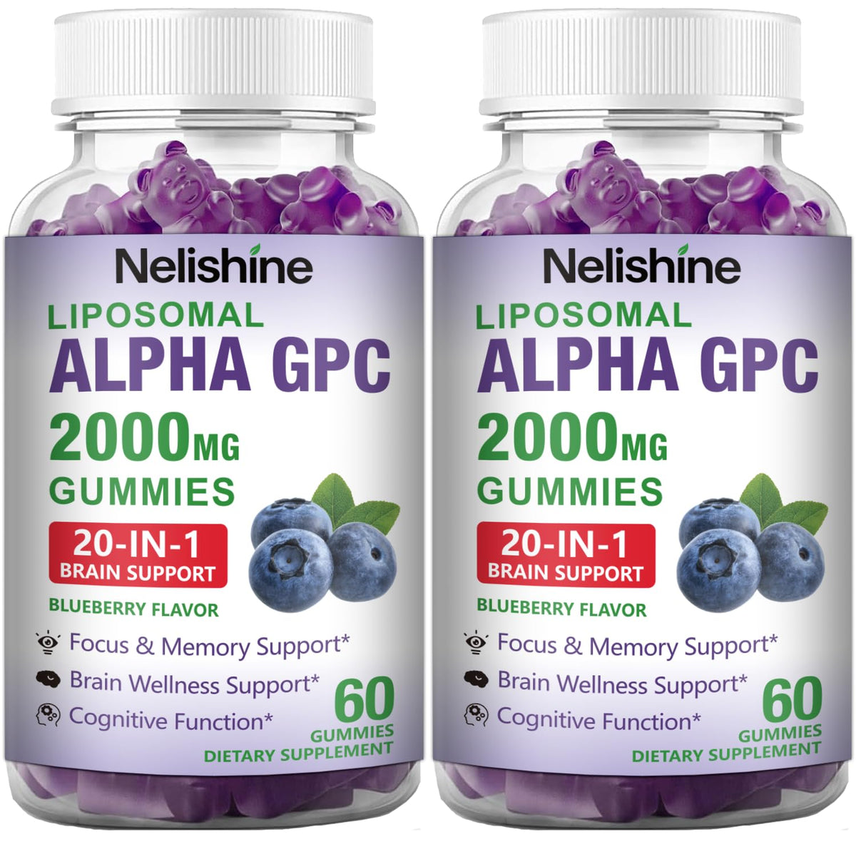 Nelishine Liposomal Alpha GPC Gummies front view with blueberry flavour