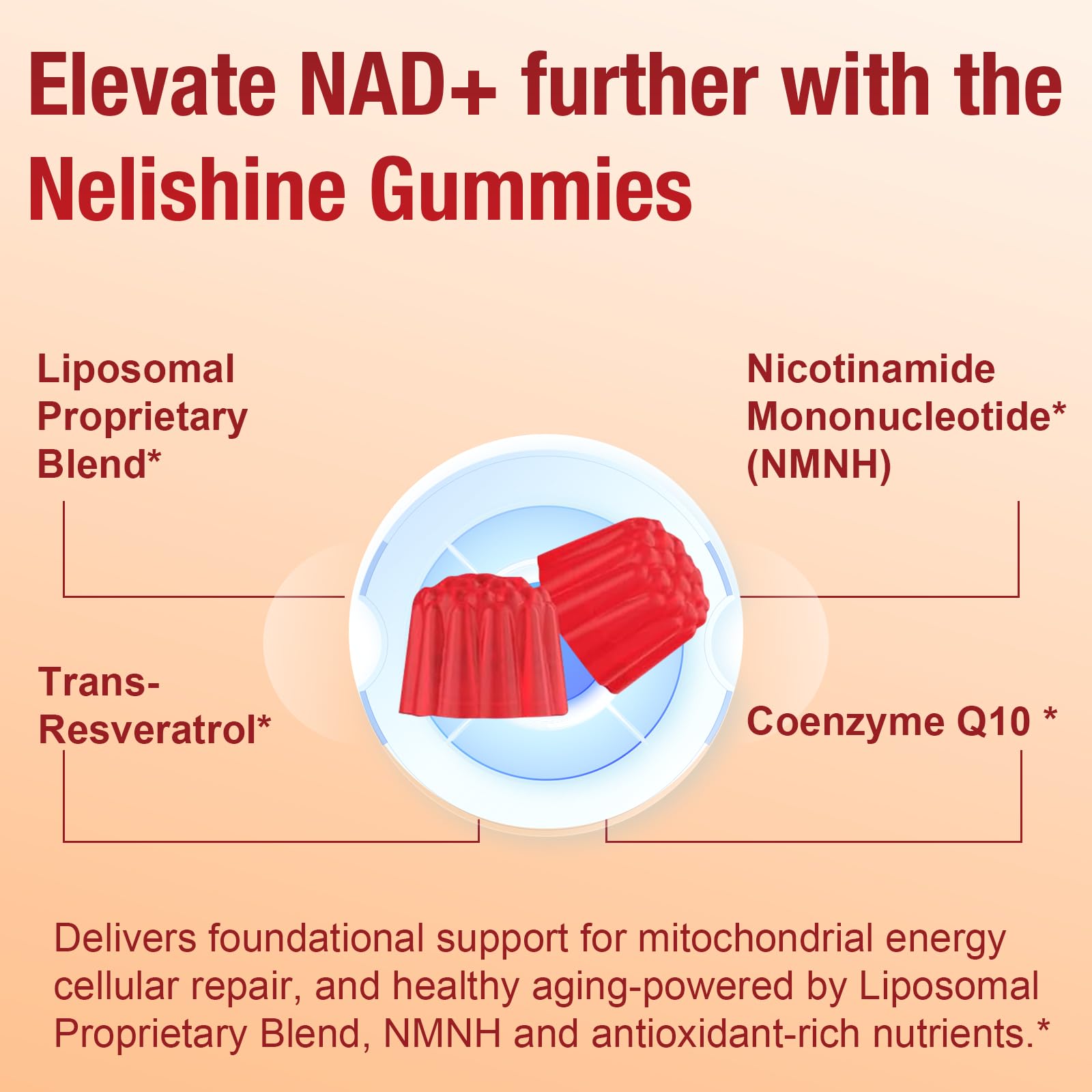 Nelishine Liposomal NMNH Gummies 1000MG displayed on a wooden table