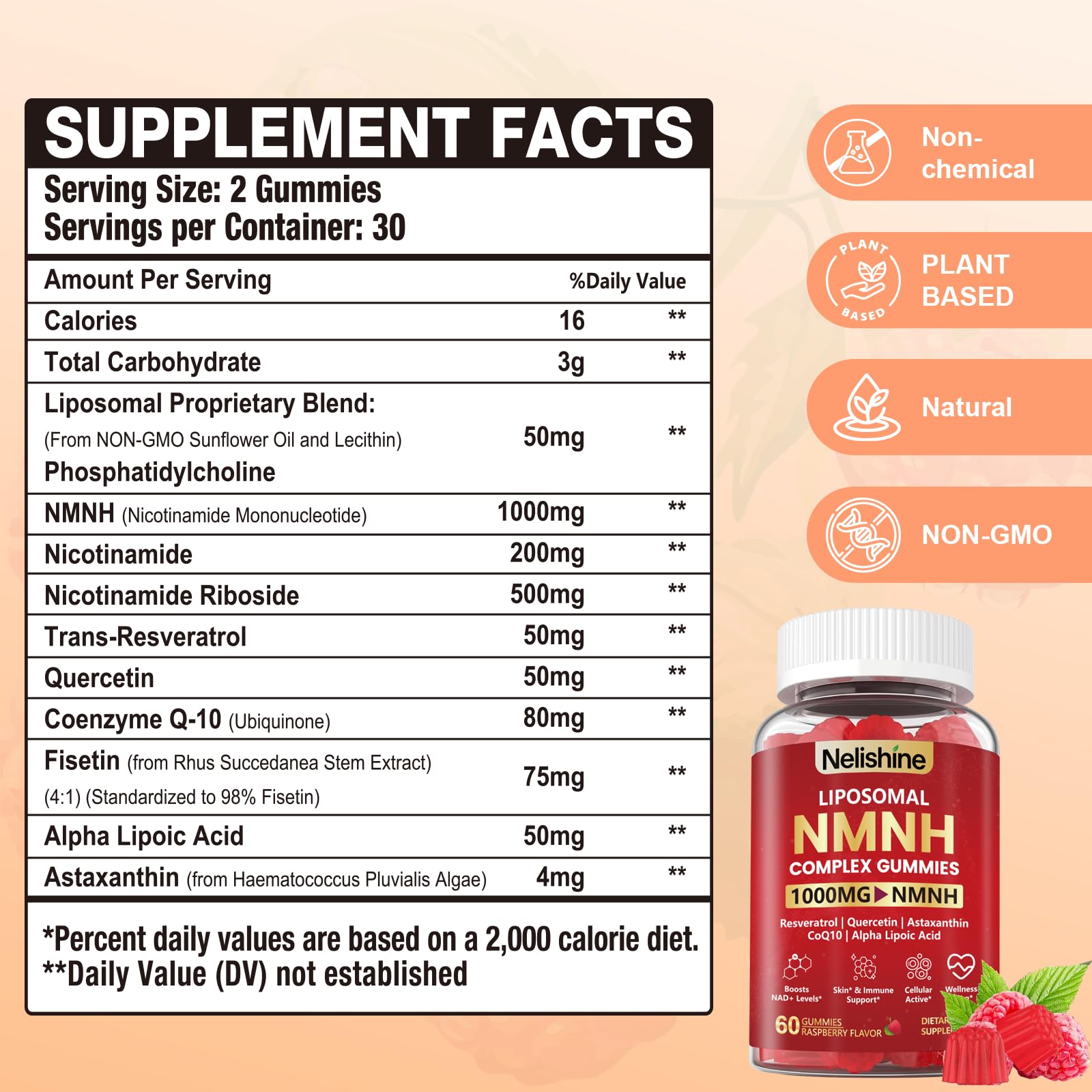 Nelishine Liposomal NMNH Gummies 1000MG side view with nutritional information