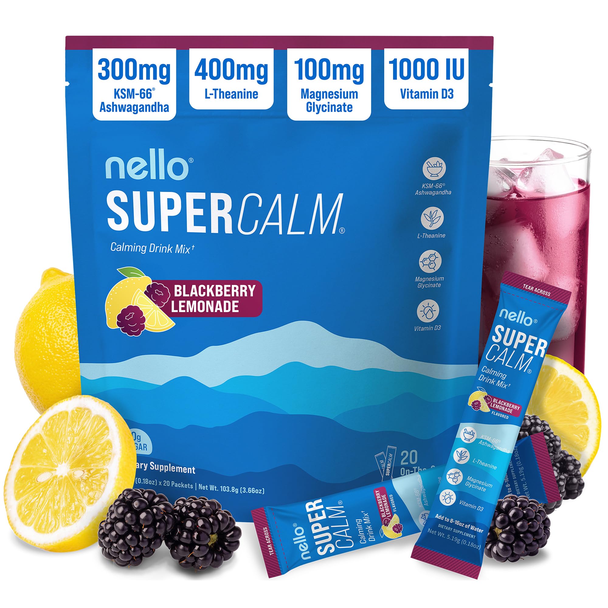 Nello Supercalm Adaptogenic Powder Drink Mix Blackberry Lemonade front view