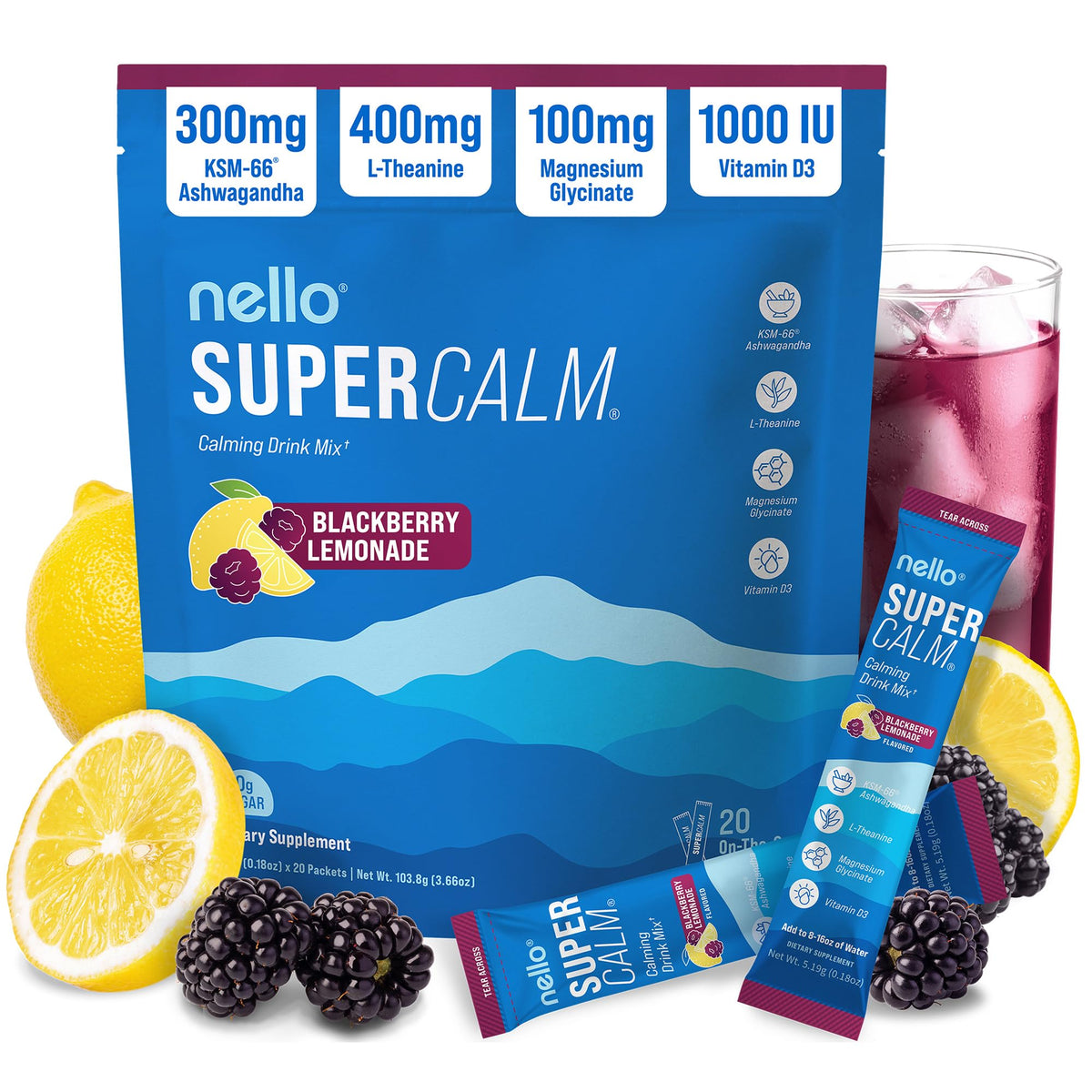 Nello Supercalm Adaptogenic Powder Drink Mix Blackberry Lemonade front view