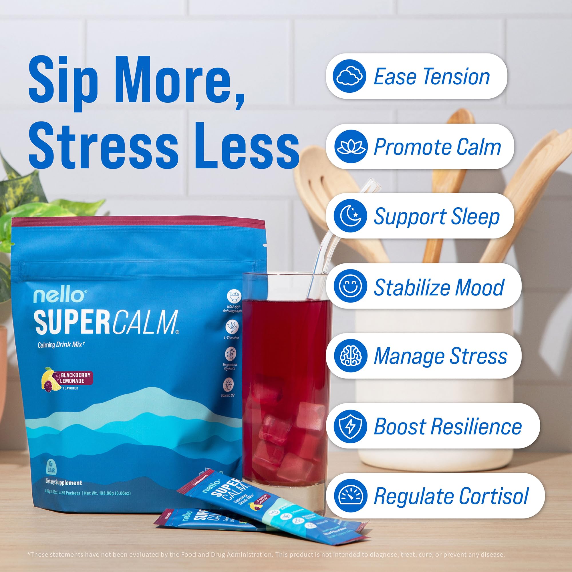 Nello Supercalm Adaptogenic Powder Drink Mix Blackberry Lemonade packet front view