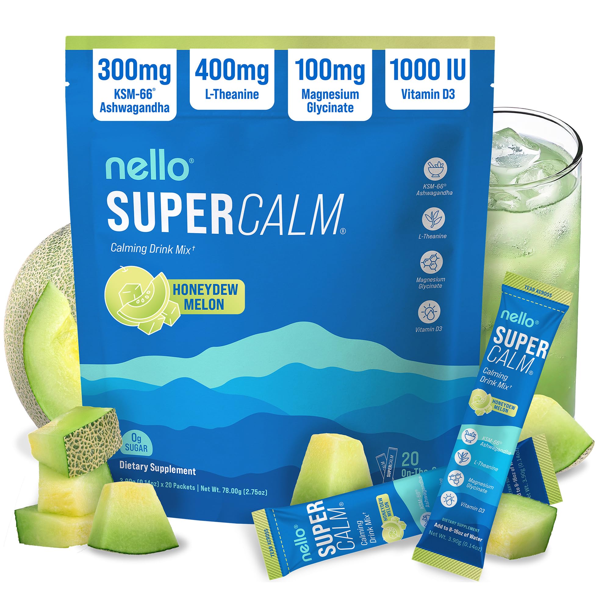 Nello SuperCalm Adaptogenic Powder Drink Mix honeydew melon flavour front view