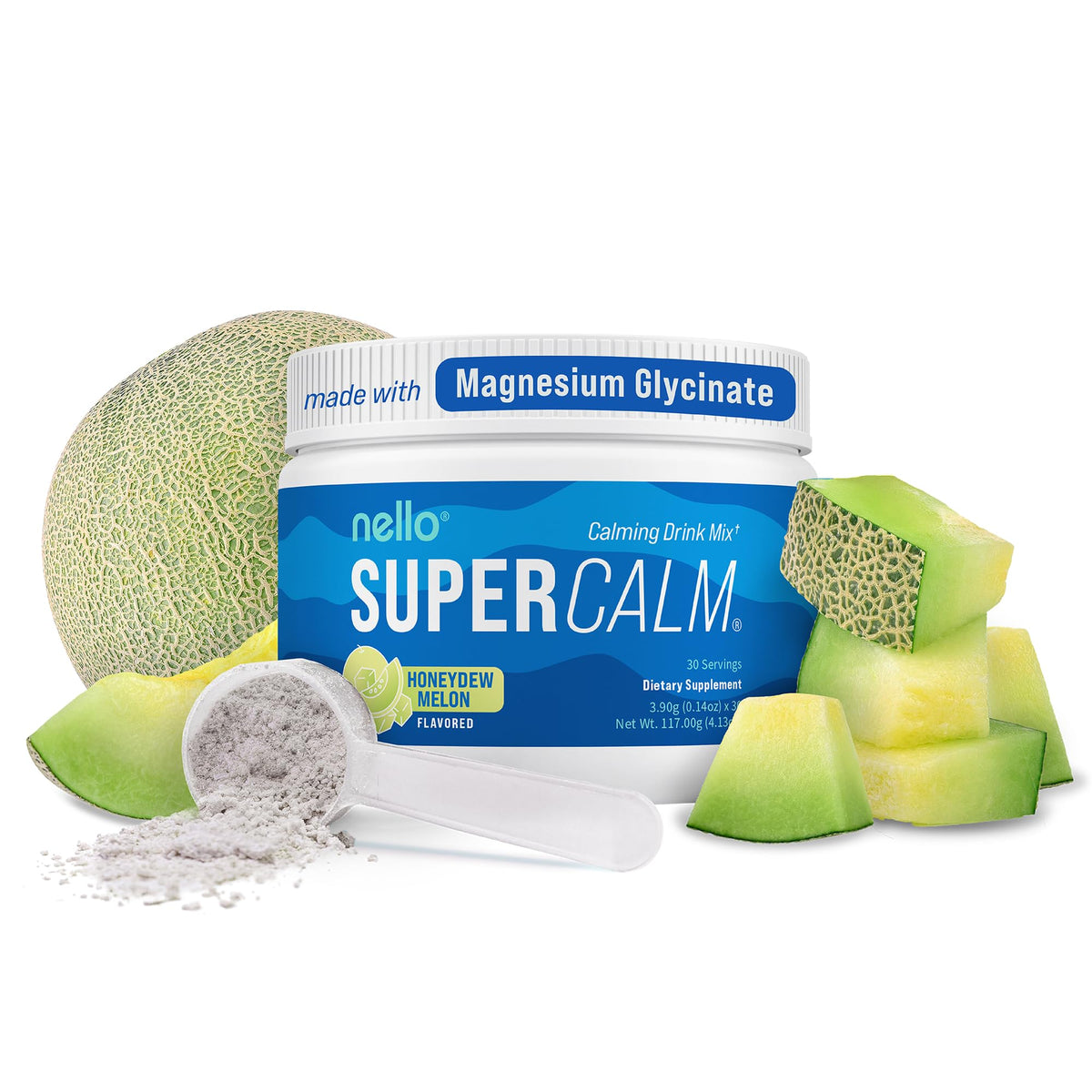Nello Supercalm Adaptogenic Powder Drink Mix Honeydew Melon front view