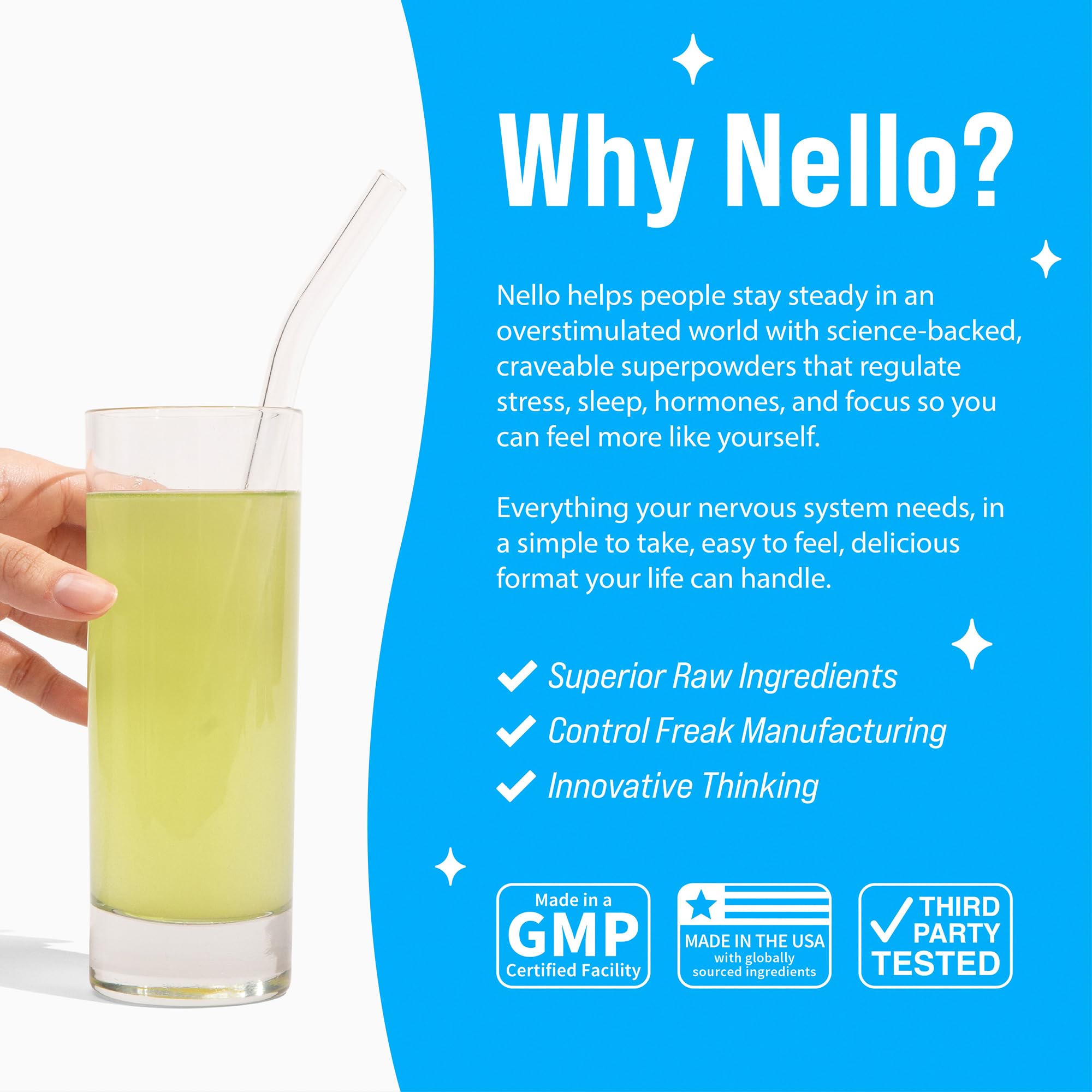 Nello Supercalm Adaptogenic Powder Drink Mix on a kitchen counter