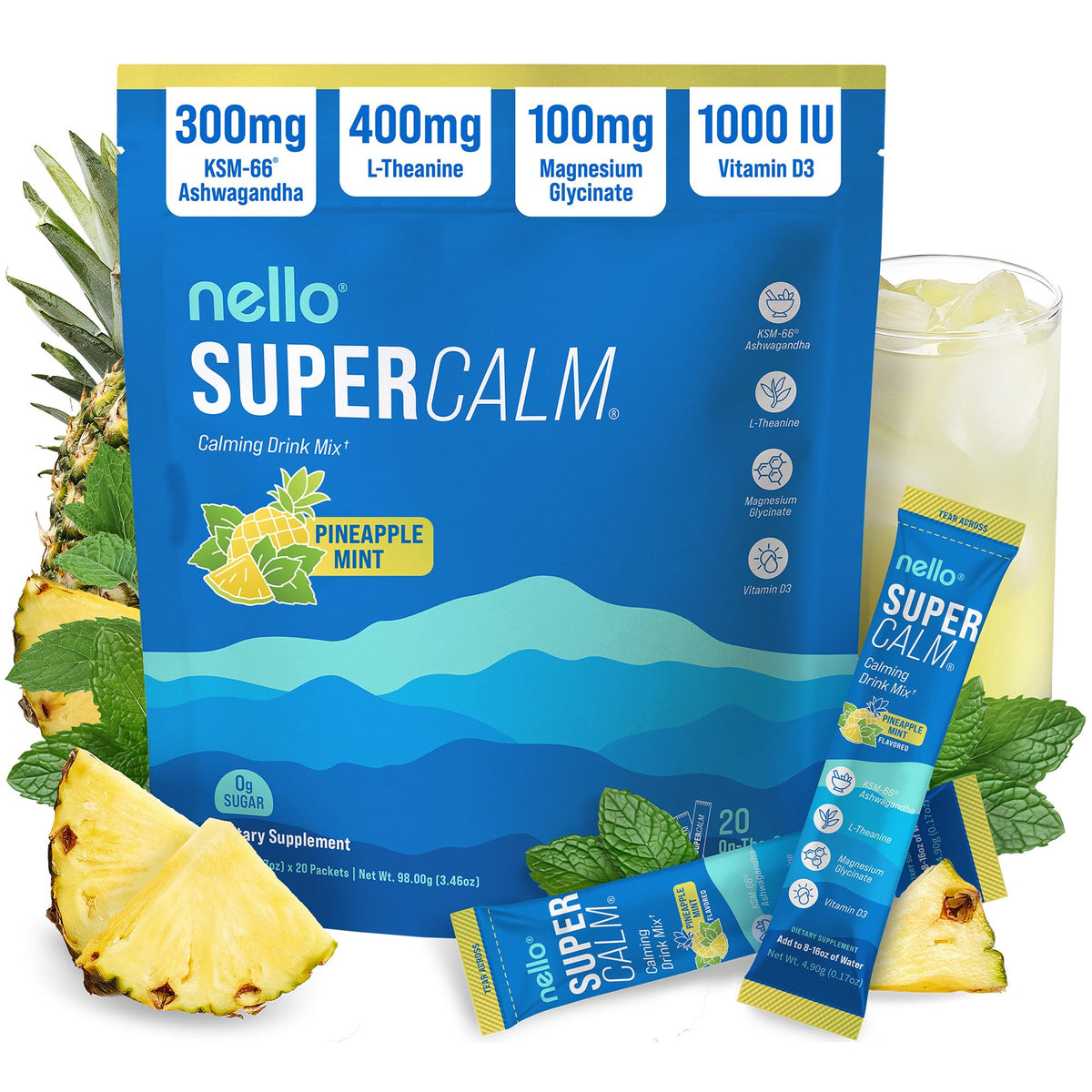 Nello Supercalm Adaptogenic Powder Drink Mix Pineapple Mint canister front view