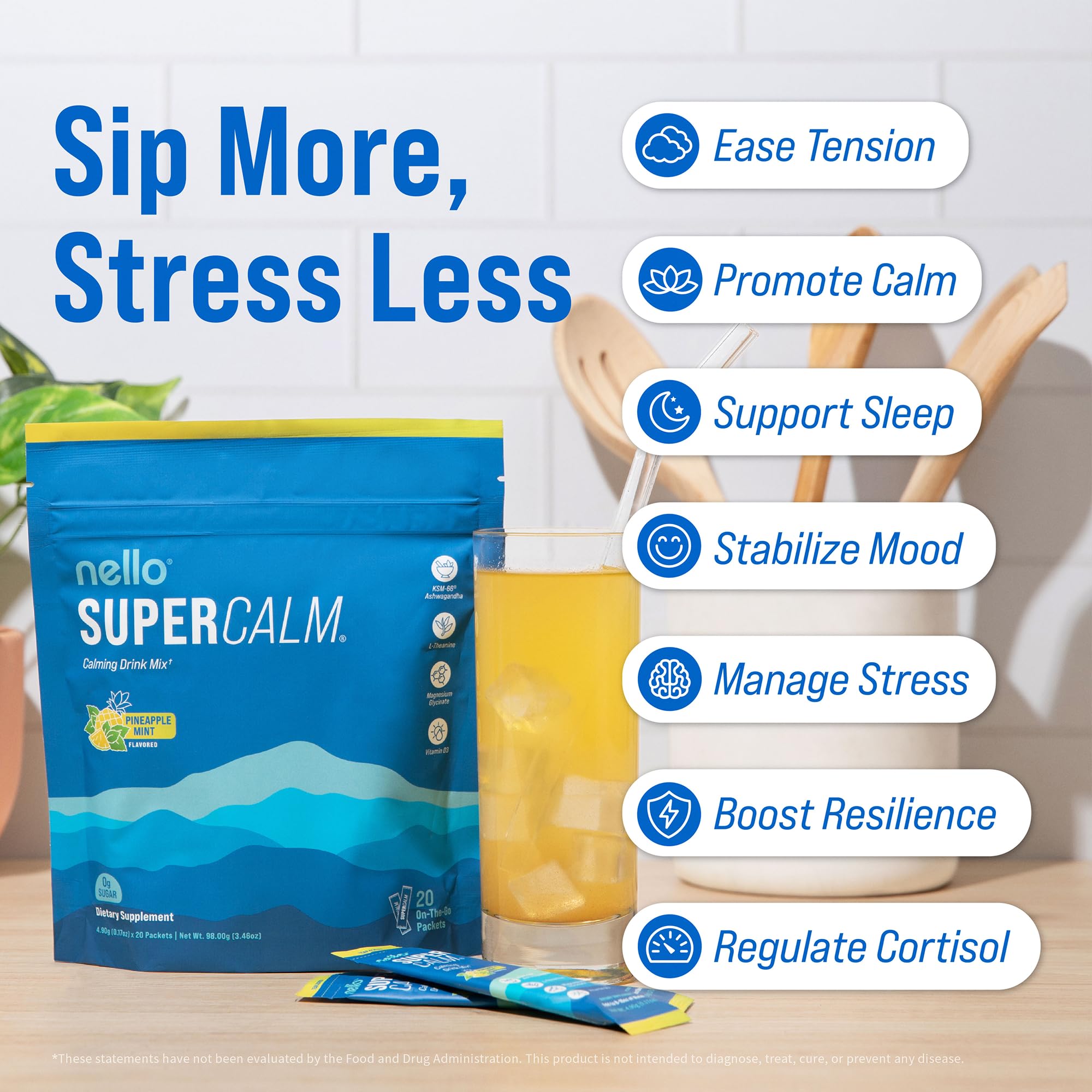 Nello Supercalm Adaptogenic Powder Drink Mix Pineapple Mint ingredients list