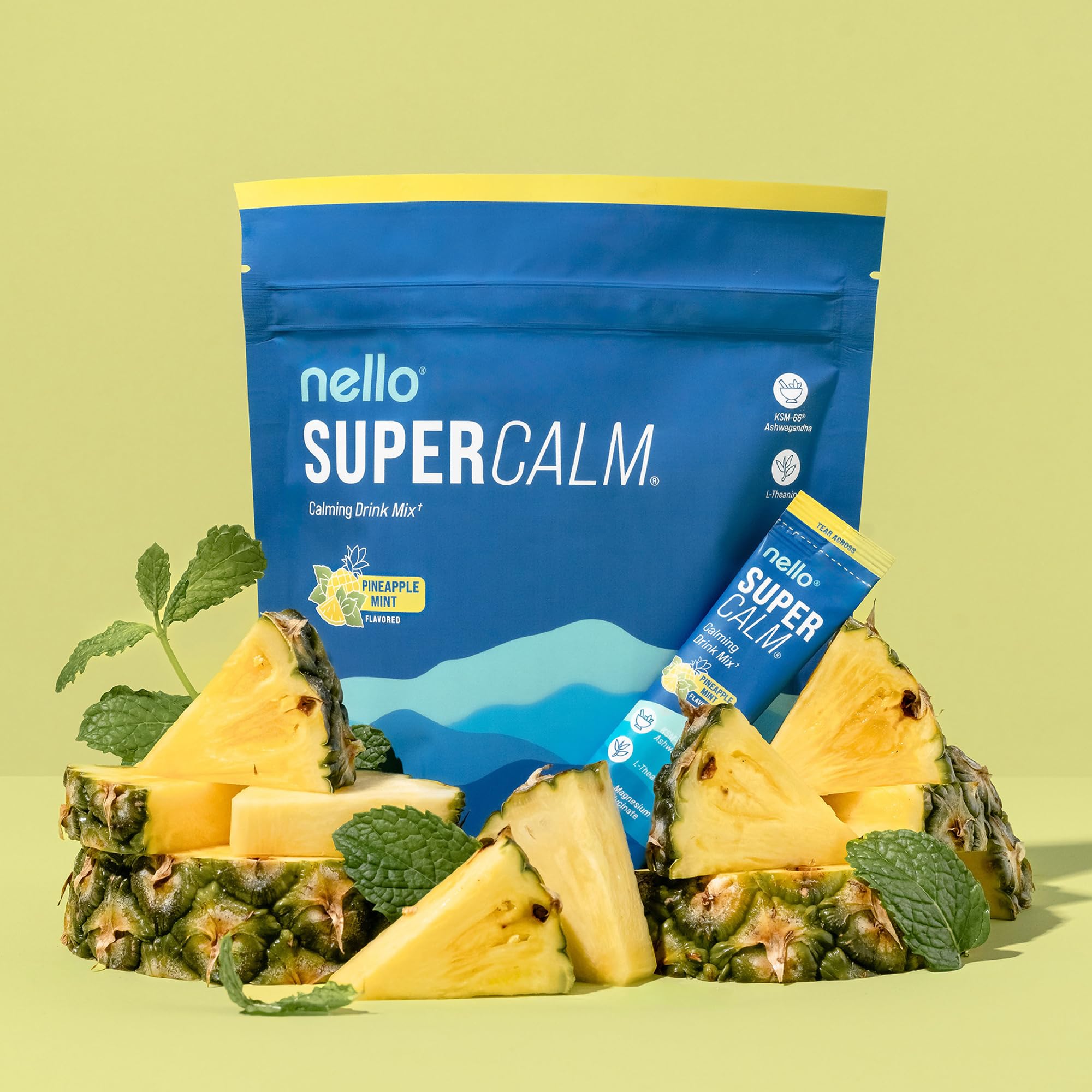 Nello Supercalm Adaptogenic Powder Drink Mix Pineapple Mint serving suggestion