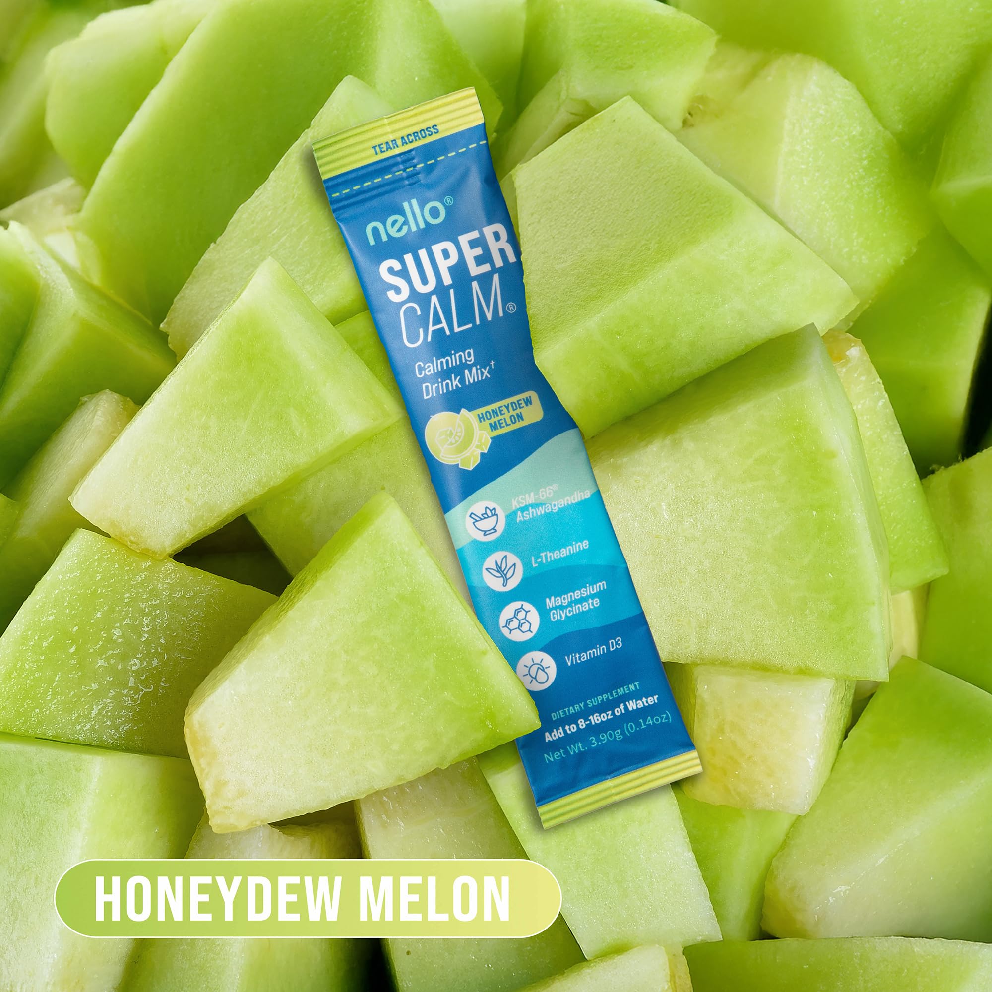 Nello SuperCalm Adaptogenic Powder Drink Mix served with honeydew melon slices