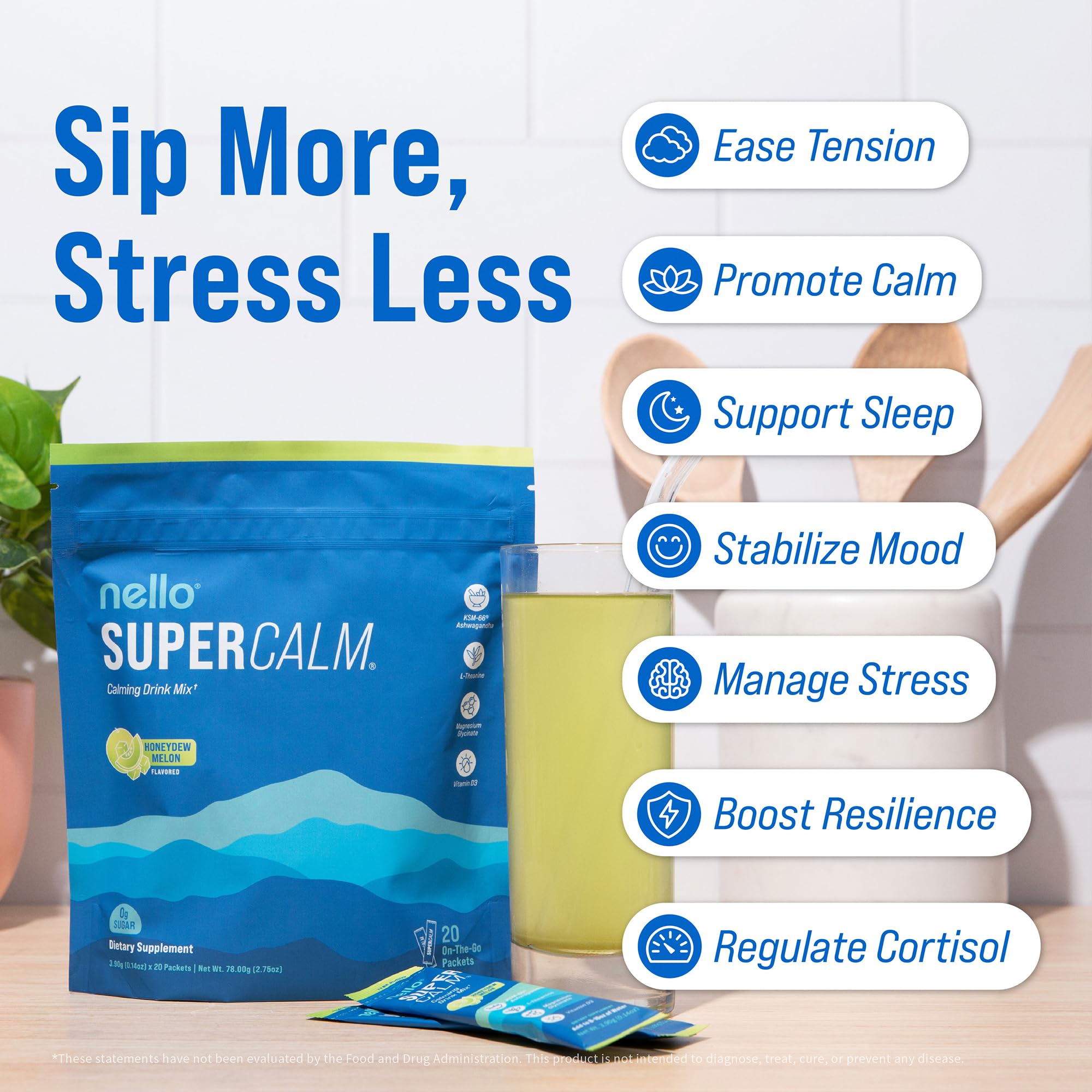 Nello SuperCalm Adaptogenic Powder Drink Mix single serving packet