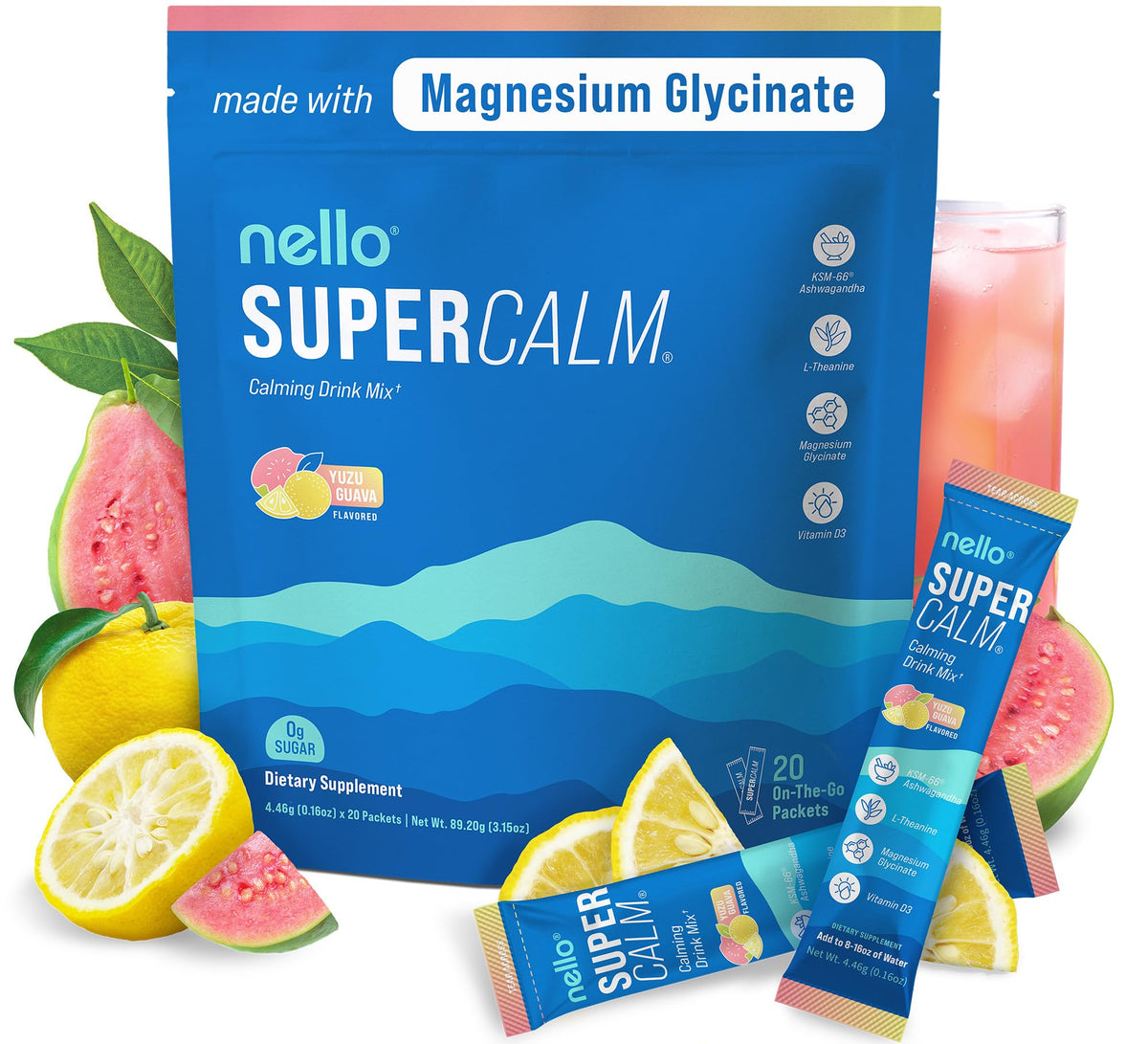 Nello Supercalm Adaptogenic Powder Drink Mix Yuzu Guava front view