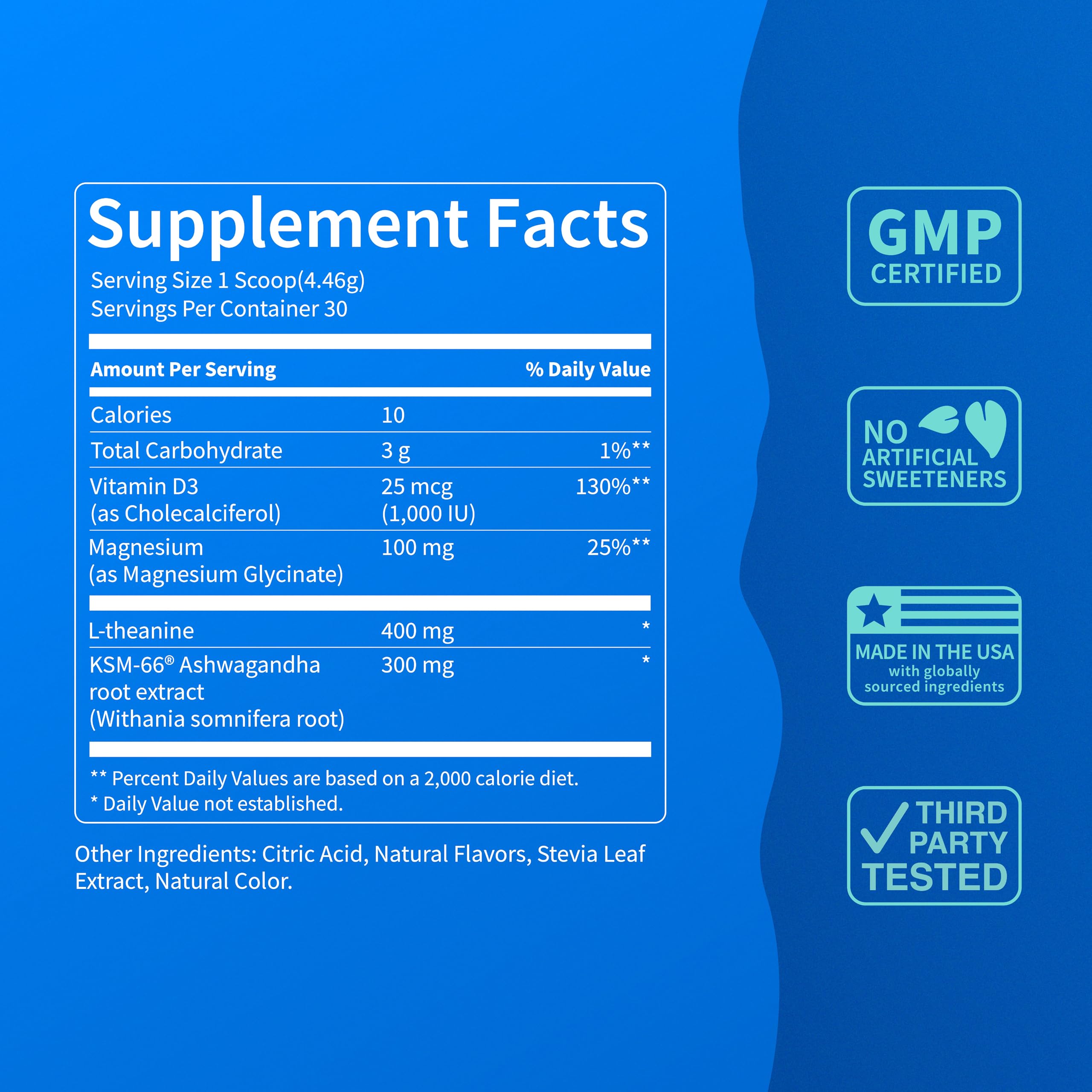 Nello SuperCalm Blue Coconut Powder Drink Mix ingredients close-up