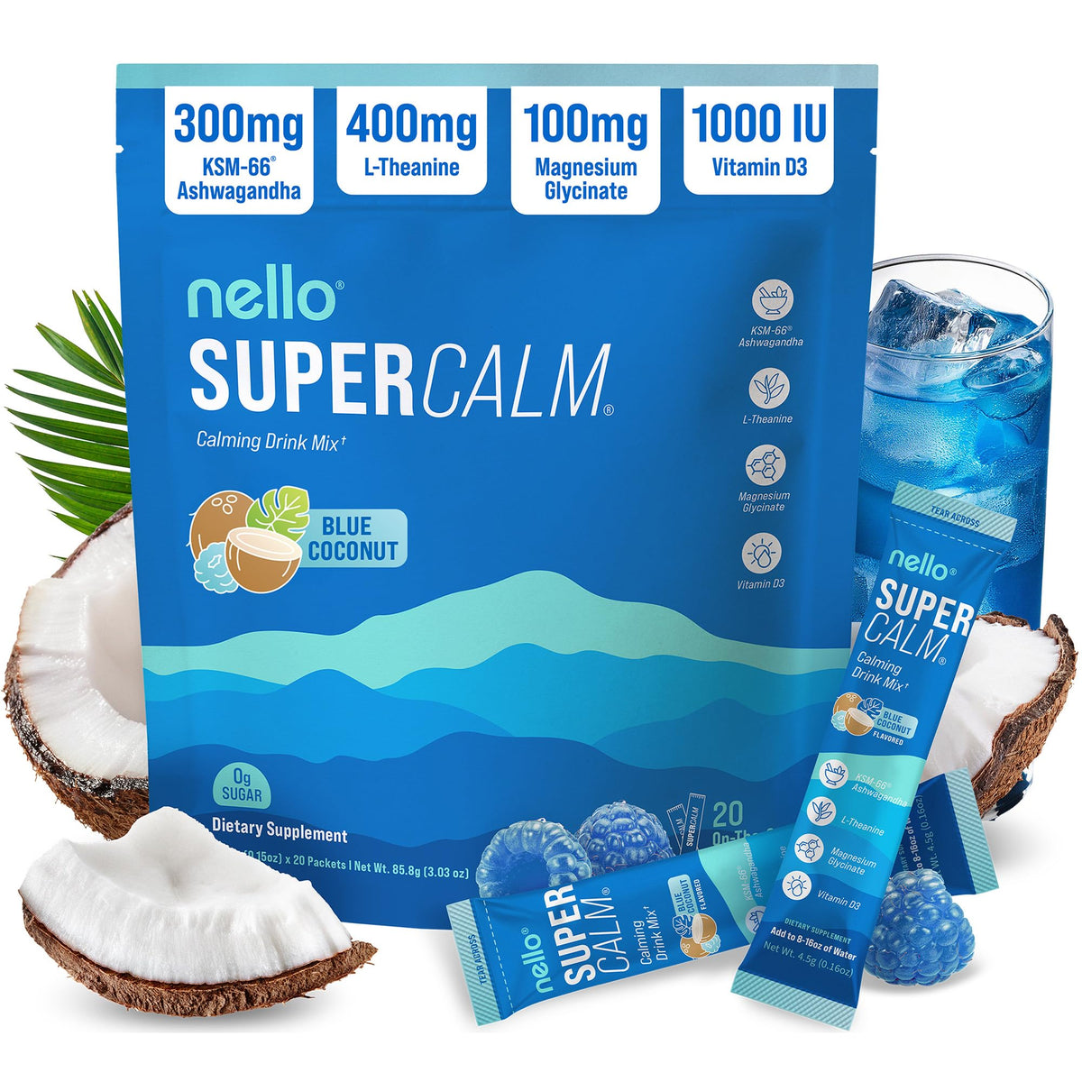 Nello SuperCalm Blue Coconut Powder Drink Mix packet front view