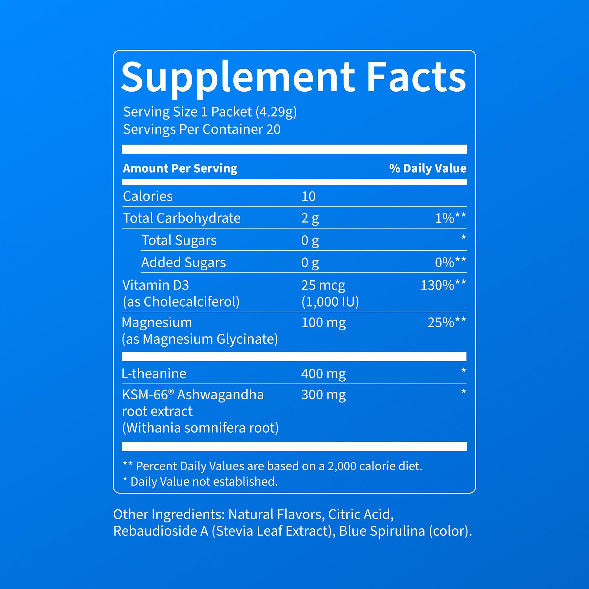 Nello SuperCalm Blue Coconut Powder Drink Mix with a glass of water