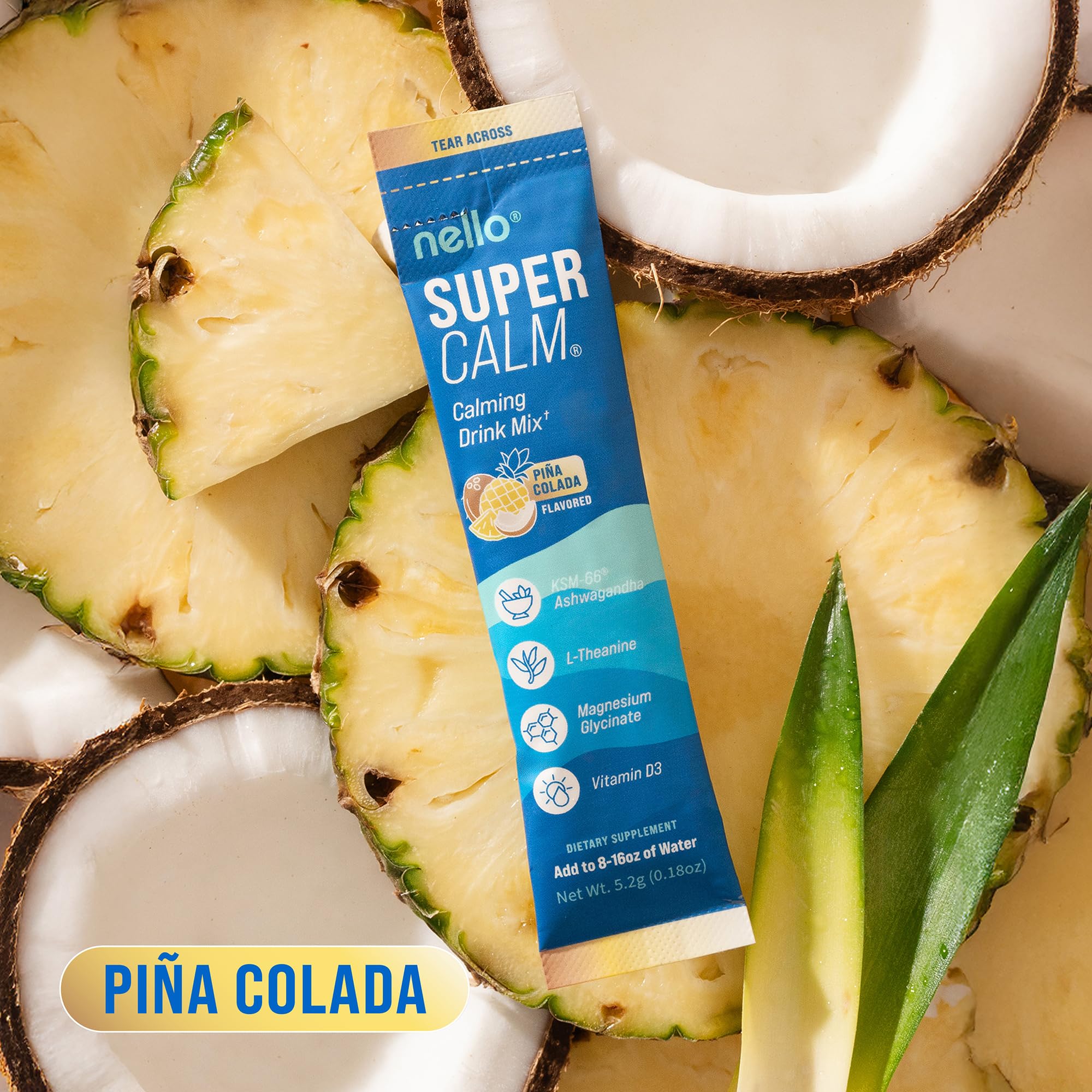 Nello Supercalm Pina Colada Powder in a glass