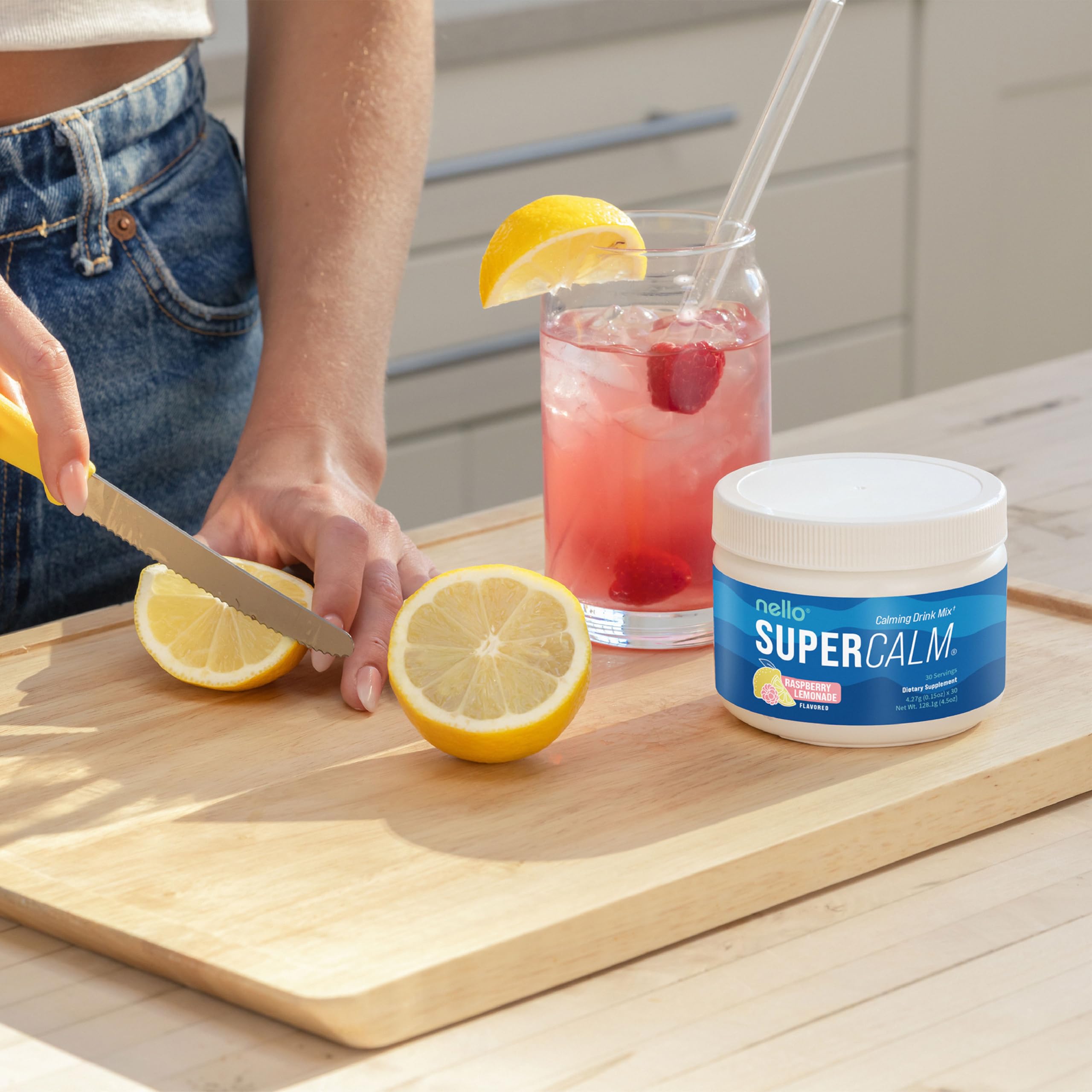 Nello Supercalm Raspberry Lemonade Powder packet with vibrant design