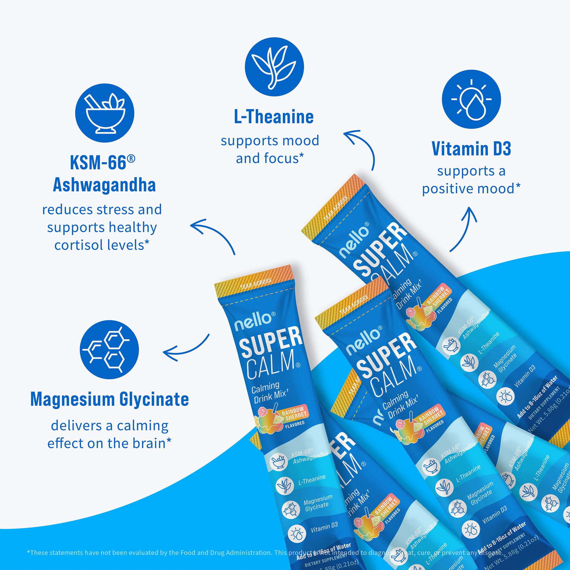 Nello SuperCalm Sleep Supplement packets displayed on a table