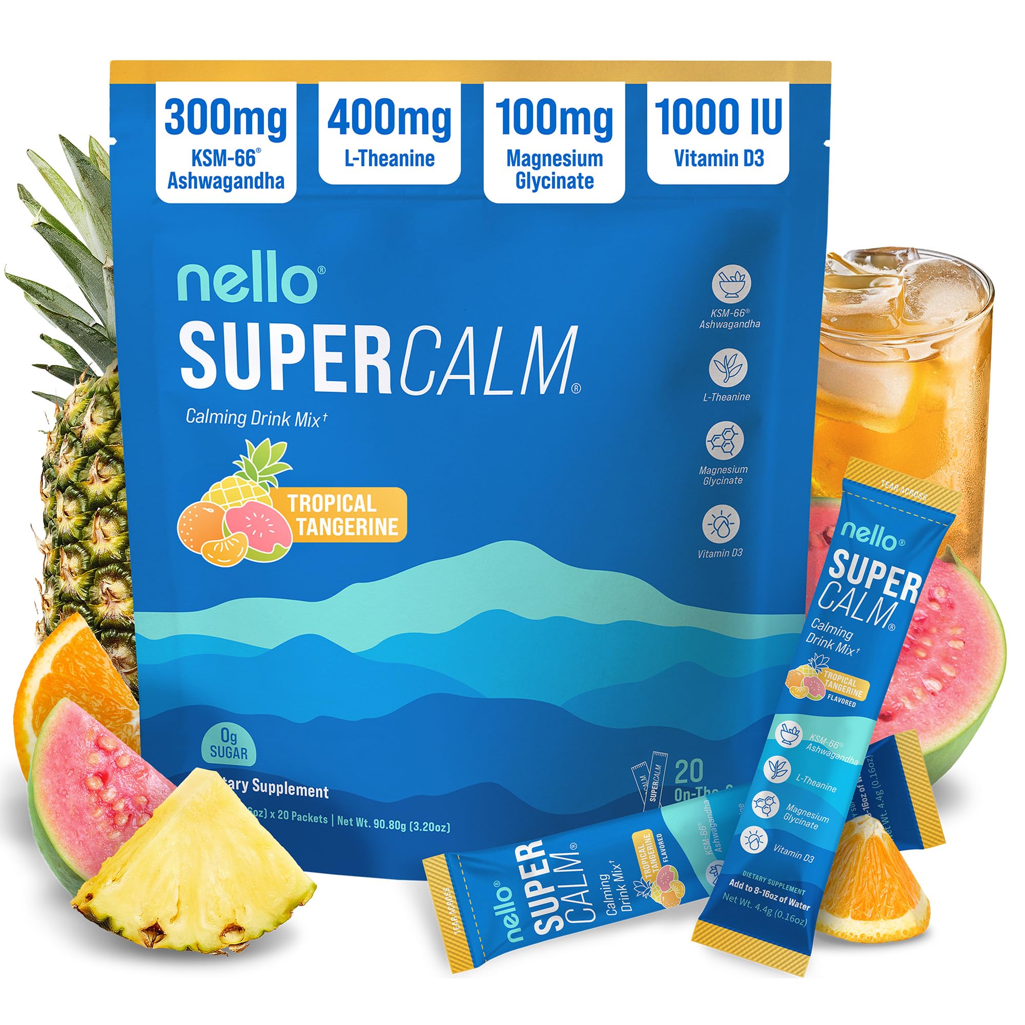 Nello SuperCalm Tropical Tangerine powder drink mix front view