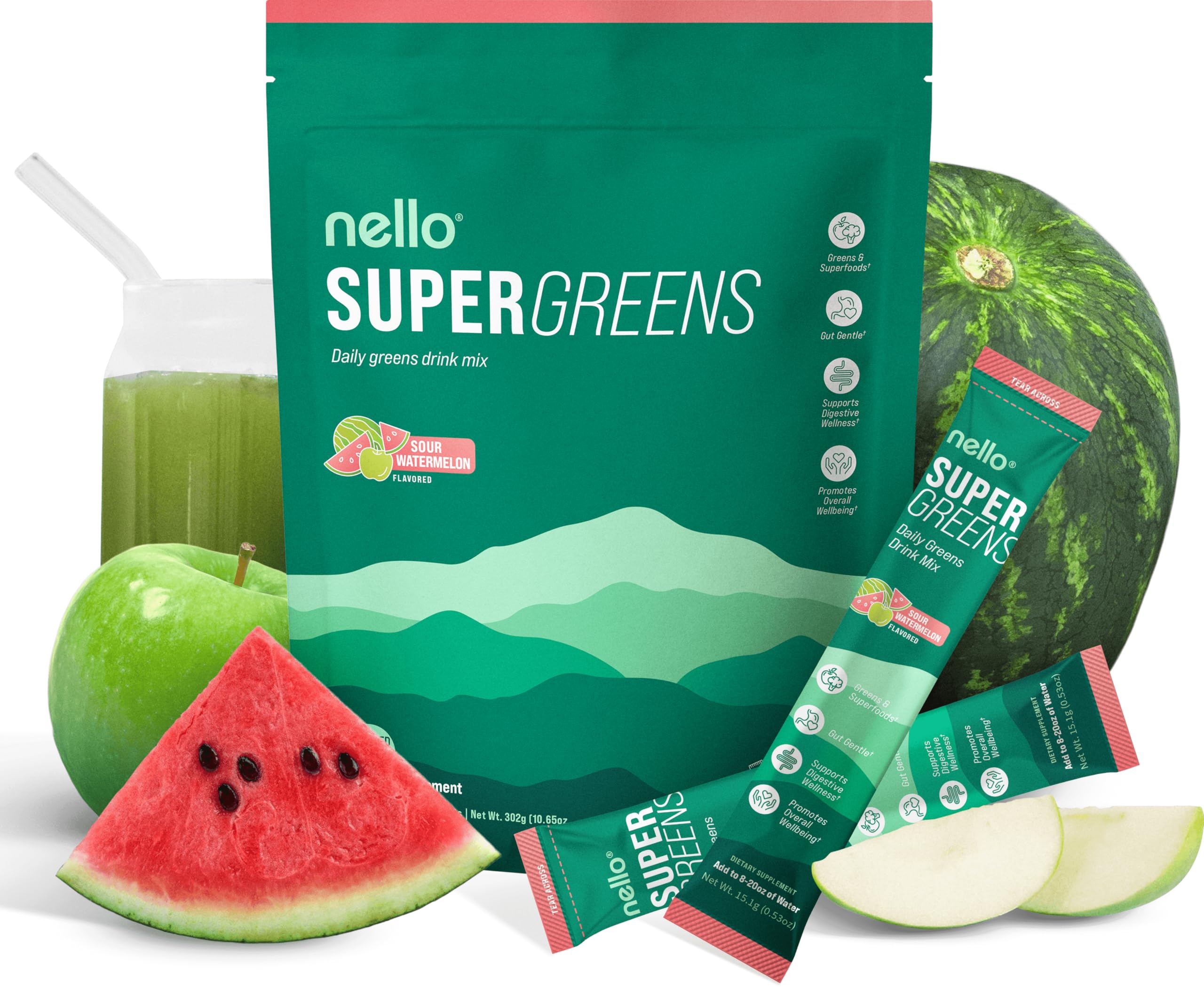 Nello Supergreens Superfood Greens Drink Mix packaging front view
