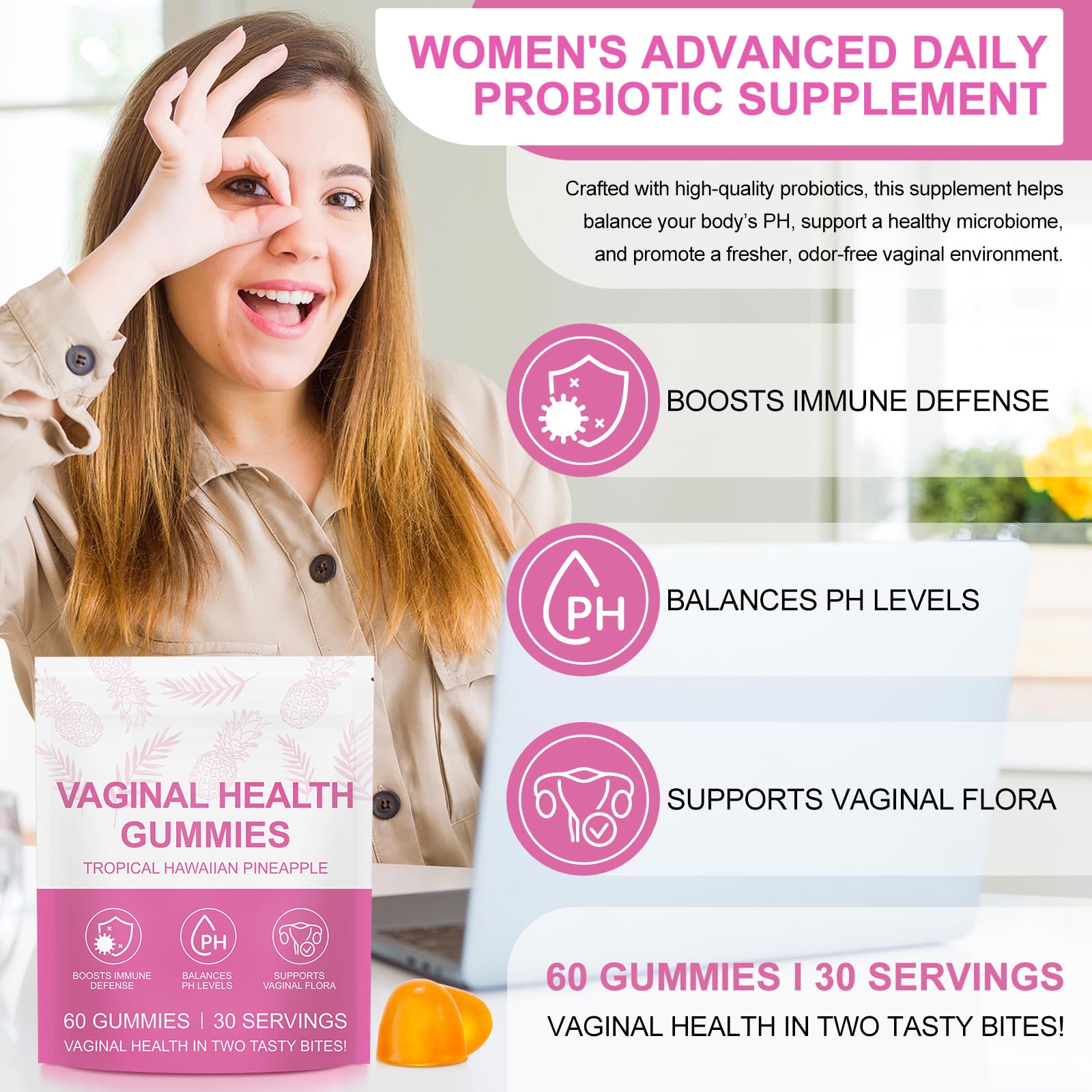 NenMaoKeNu Women's Health Gummies in a bowl with fresh pineapple slices