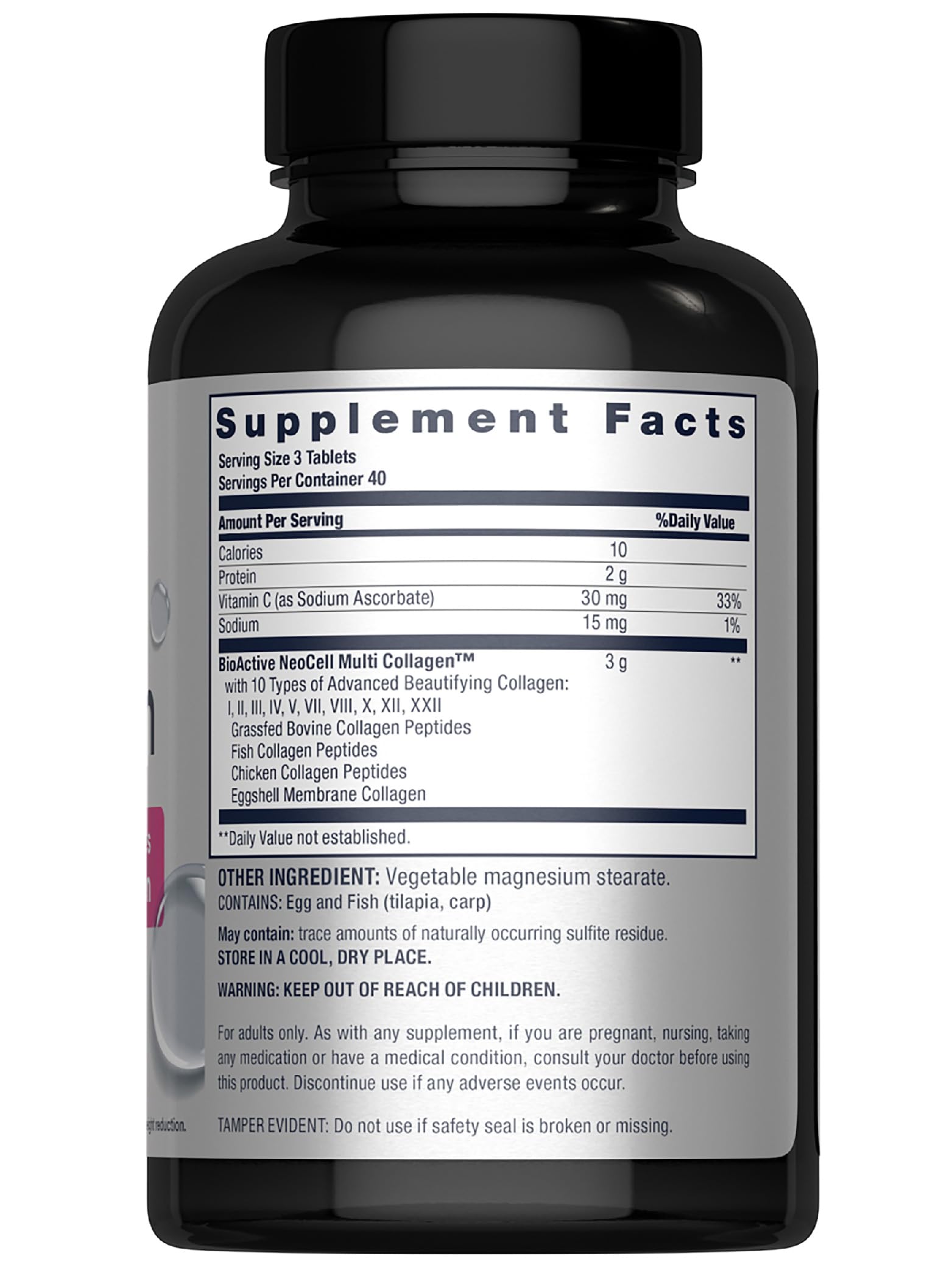 NeoCell Advanced Multi Collagen Tablets showing side view of the bottle